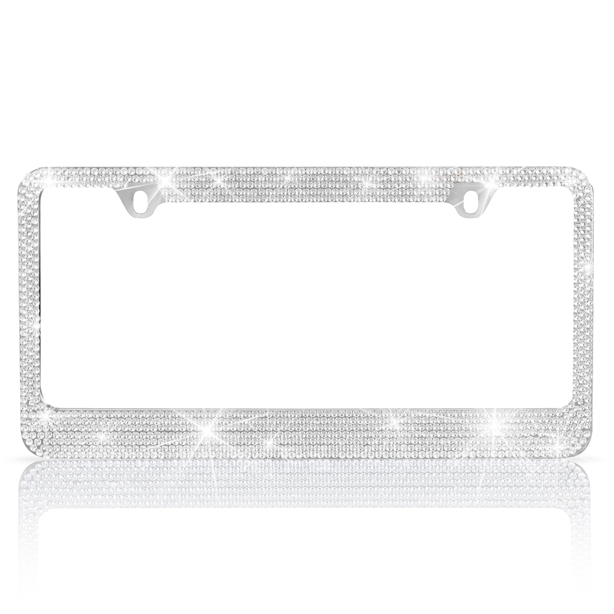 Stainless Steel Silver Sparkly Sparkling Diamond Crystal Bling Premium License Plate Frame Stainless Steel Metal Silver Rhinestone for Women Universal Size for Car Truck SUV (Pack of 2) - 2-Pack