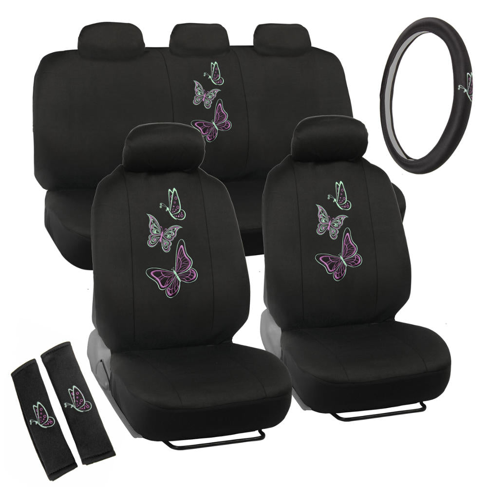 BDK Blue Butterflies Car Seat Covers for Women, Full Set with Steering Wheel Cover and Seat Belt Pads – Front and Rear Covers with Matching Embroidered Accessories, Fits Most Car Truck Van SUV