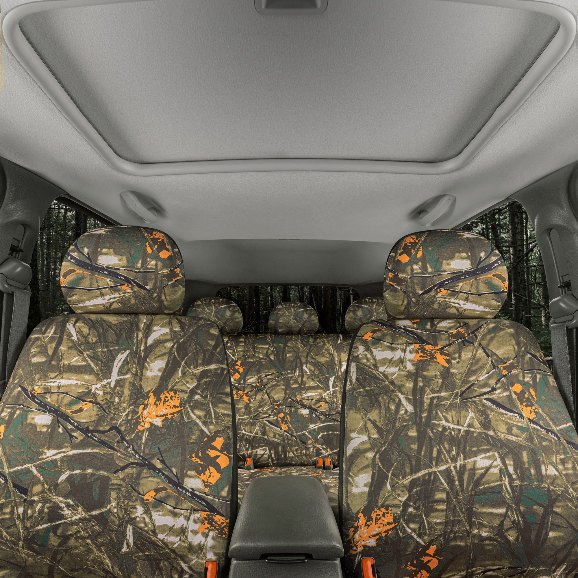 BDK Hunter Camo Car Seat Covers Full Set with Steering Wheel Cover and Seat Belt Pads – Real Mossy Tree Oak Forest Camouflage Pattern, Automotive Front & Bench Back Seat Cover for Cars Trucks SUV