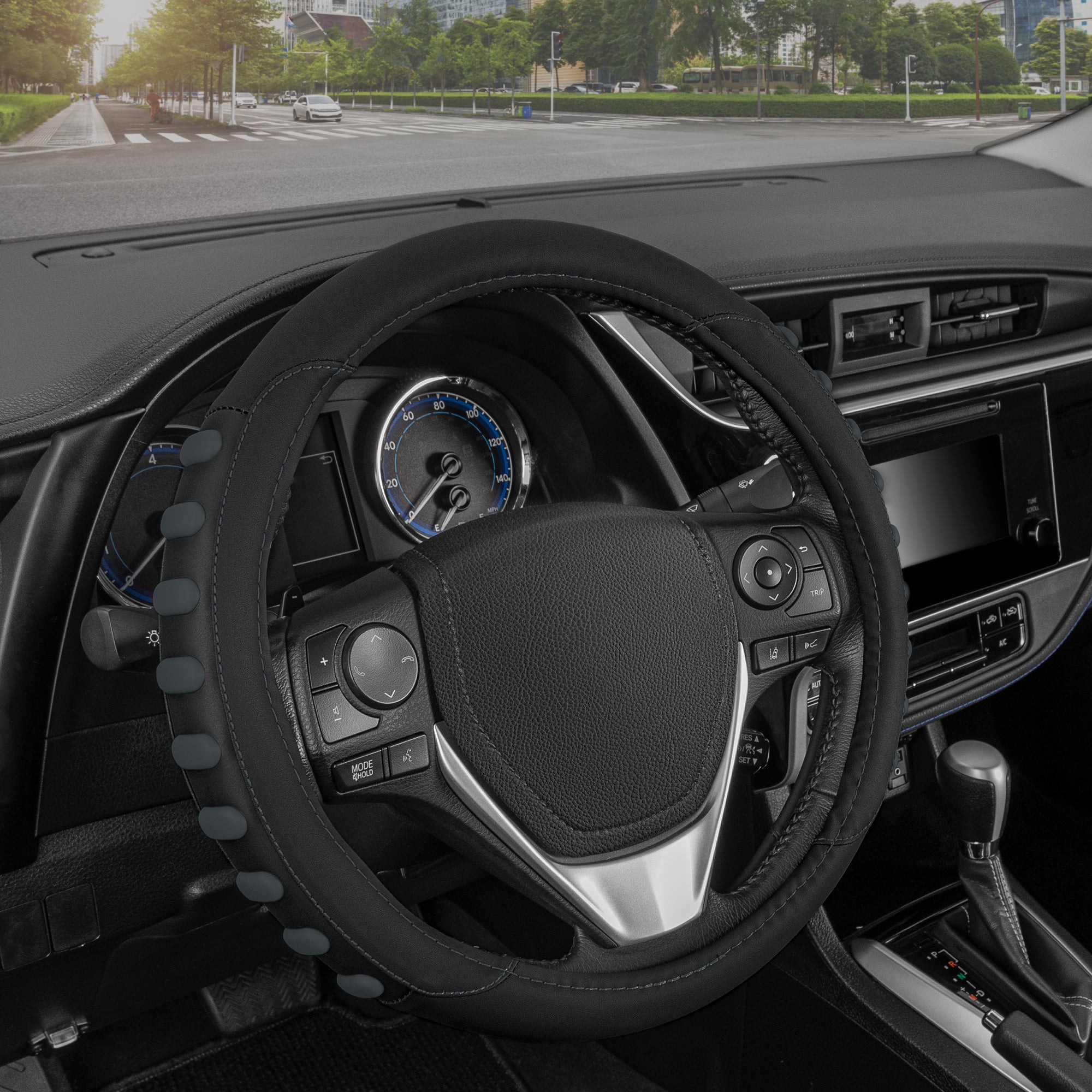 BDK Memory Foam Leather Grip Steering Wheel Cover - Universal Fit For 14.5-15.5 Inch Wheels