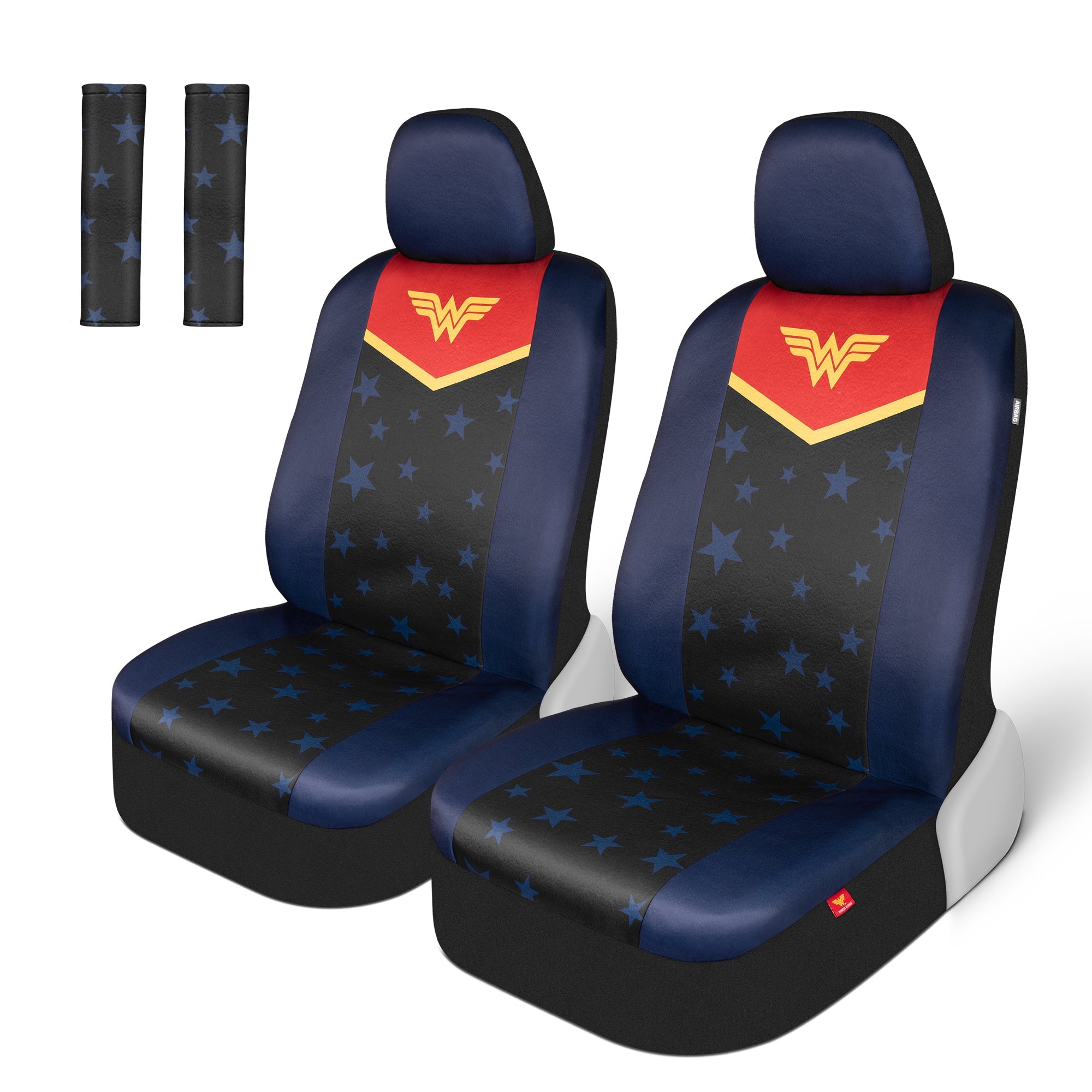Wonder Woman Car Seat Covers - 100% Waterproof Front Pair Blue Stars on Black with Red/Yellow Logo - Side Airbag Safe Protection for Car SUV Van Truck