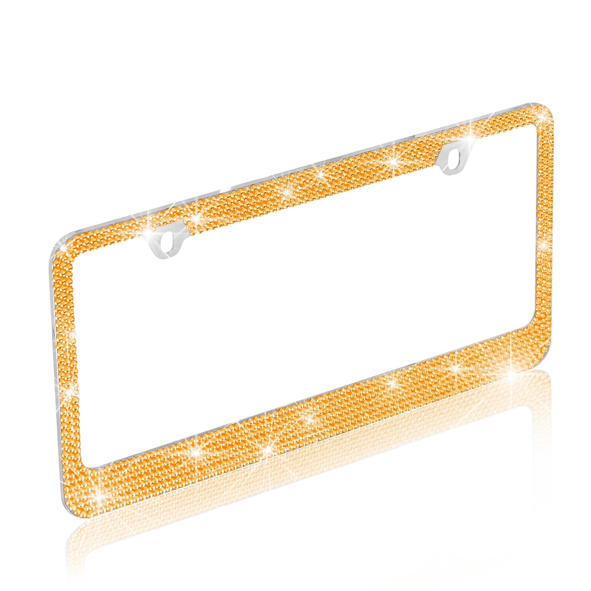 Stainless Steel Yellow Gold Sparkly Sparkling Diamond Crystal Bling Premium License Plate Frame Metal Silver Rhinestone for Women Universal Size for Car Truck SUV (Pack of 2) - 2-Pack