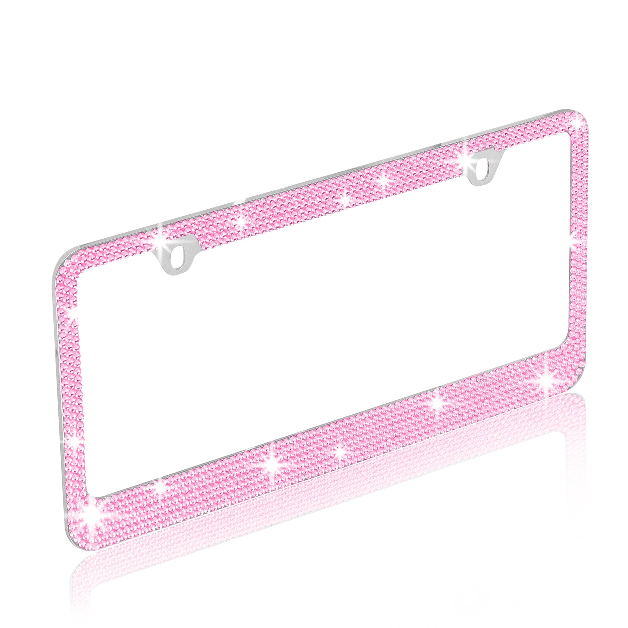 Stainless Steel Pink Sparkly Sparkling Diamond Crystal Bling Premium License Plate Frame Metal Silver Rhinestone for Women Universal Size for Car Truck SUV (Pack of 2) - 2-Pack
