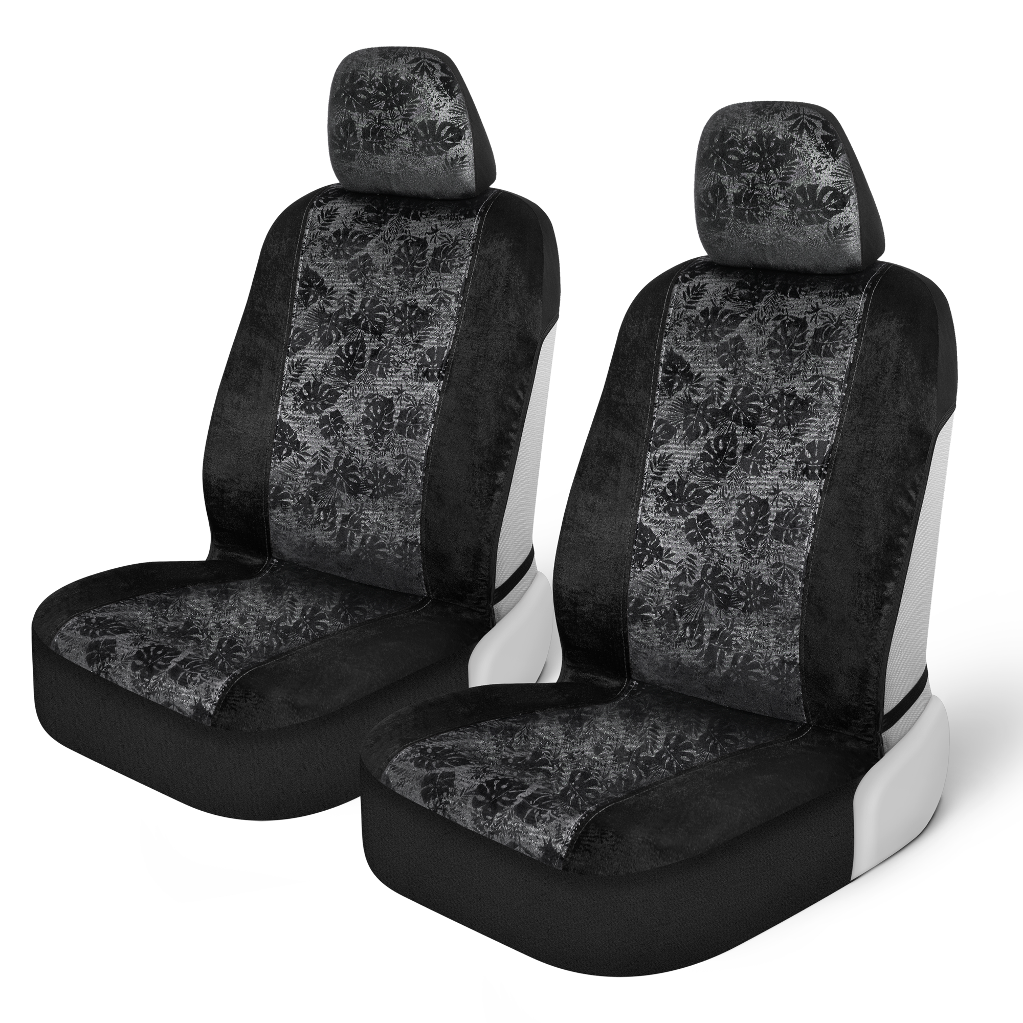 BDK Black Maui Car Seat Covers for Front Seats, 2 Pack – Tropical Pattern Front Seat Cover Set with Matching Headrest, Sideless Design for Easy Installation, Fits Most Car Truck Van and SUV