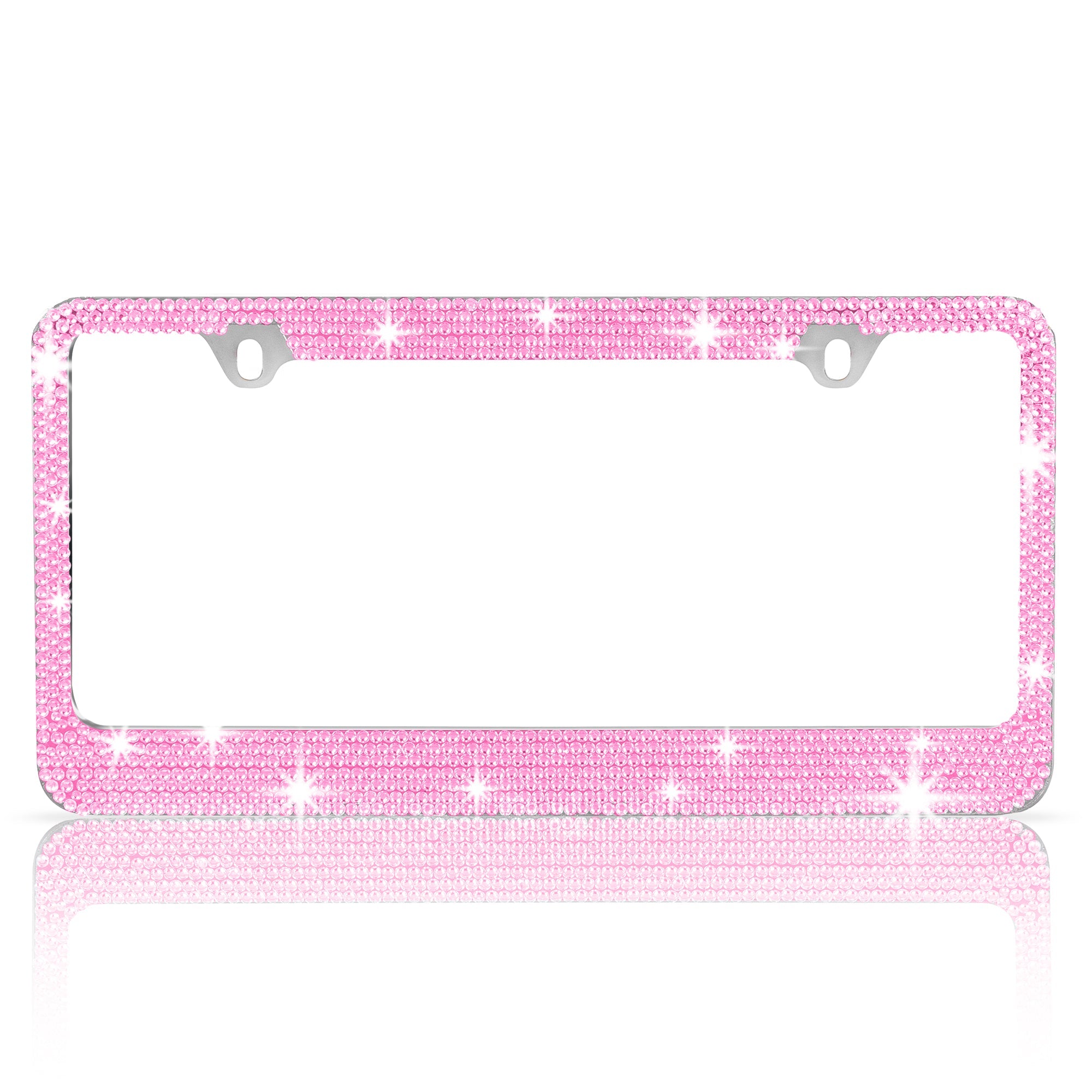 Stainless Steel Pink Sparkly Sparkling Diamond Crystal Bling Premium License Plate Frame Metal Silver Rhinestone for Women Universal Size for Car Truck SUV (Pack of 2) - 2-Pack