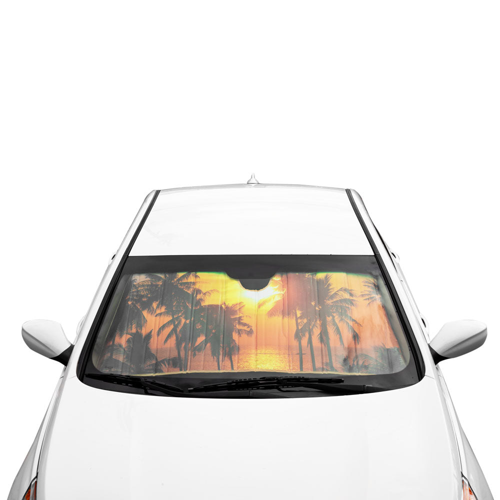 Golden Sunset Beach - Palm Tree - Front Windshield Sun Shade - Accordion Folding Auto Sunshade for Car Truck SUV - Blocks UV Rays Sun Visor Protector - Keeps Your Vehicle Cool - 58 x 27 Inch