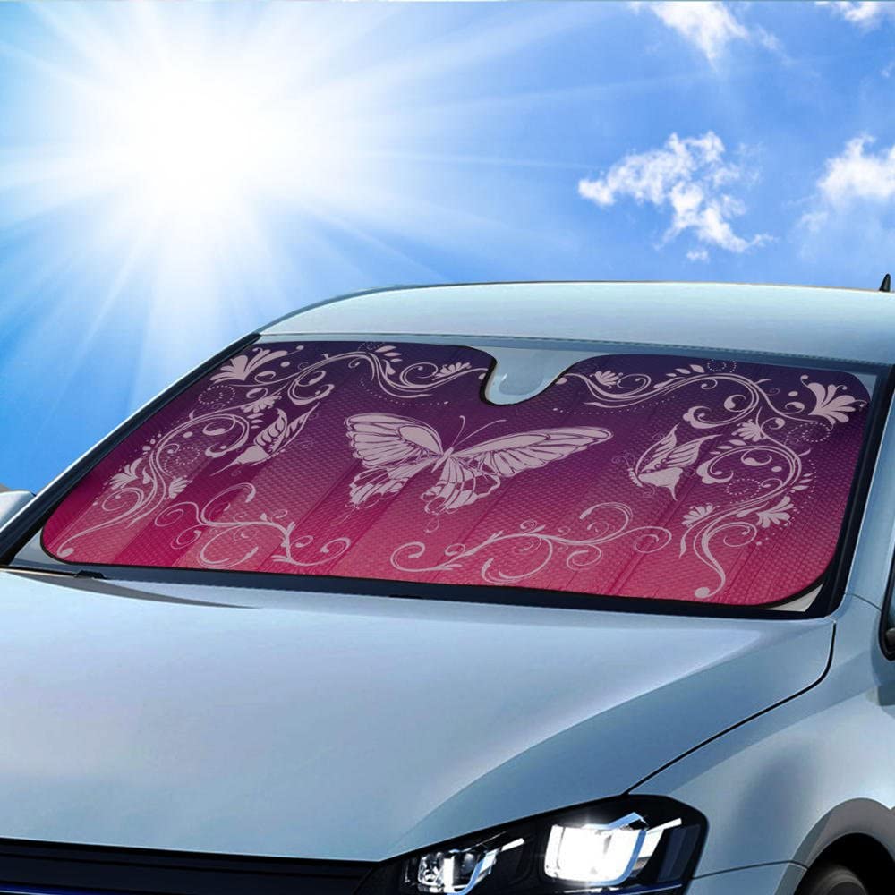 BDK Premium Front Windshield Sun Shade-Accordion Folding Auto Sunshade for Car Truck SUV-Blocks UV Rays Sun Visor Protector-Keep Your Vehicle Cool- 58 x 27 Inch (Pink Butterfly)