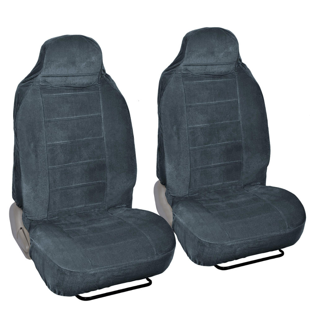 BDK Black Full Cloth High Back Auto Seat Covers Encore Style 2 pc Premium - Black:#000000