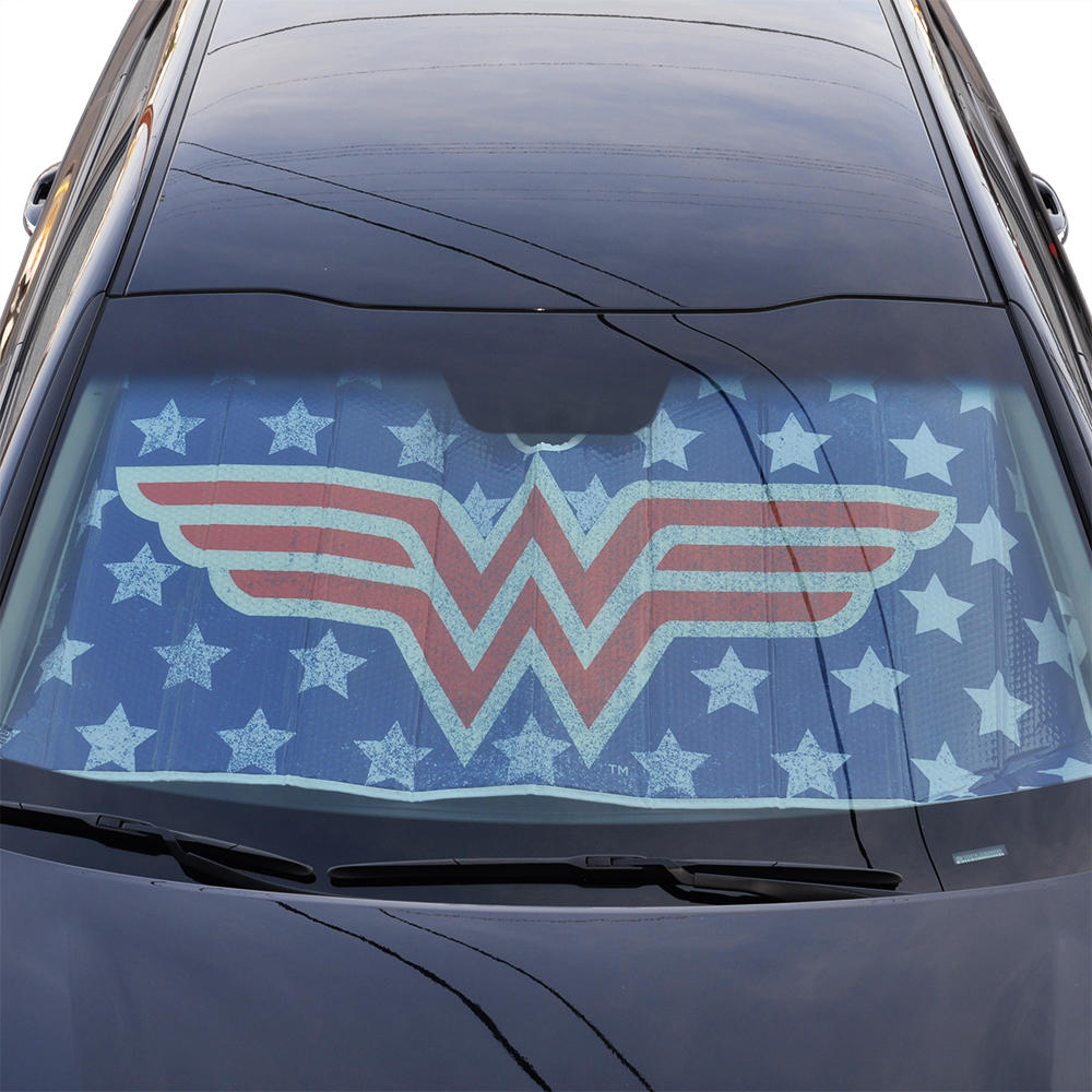 Wonder Woman Red Logo DC Comics Official Licensed Front Windshield Sun Shade-Accordion Folding Auto Sunshade for Car Truck SUV-Blocks UV Rays Sun Visor Protector-Keep Your Vehicle Cool- 58 x 27 Inch