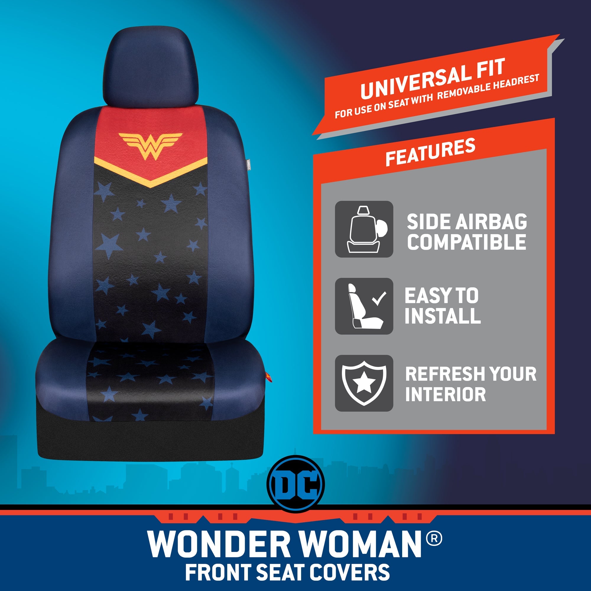 Wonder Woman Car Seat Covers - 100% Waterproof Front Pair Blue Stars on Black with Red/Yellow Logo - Side Airbag Safe Protection for Car SUV Van Truck