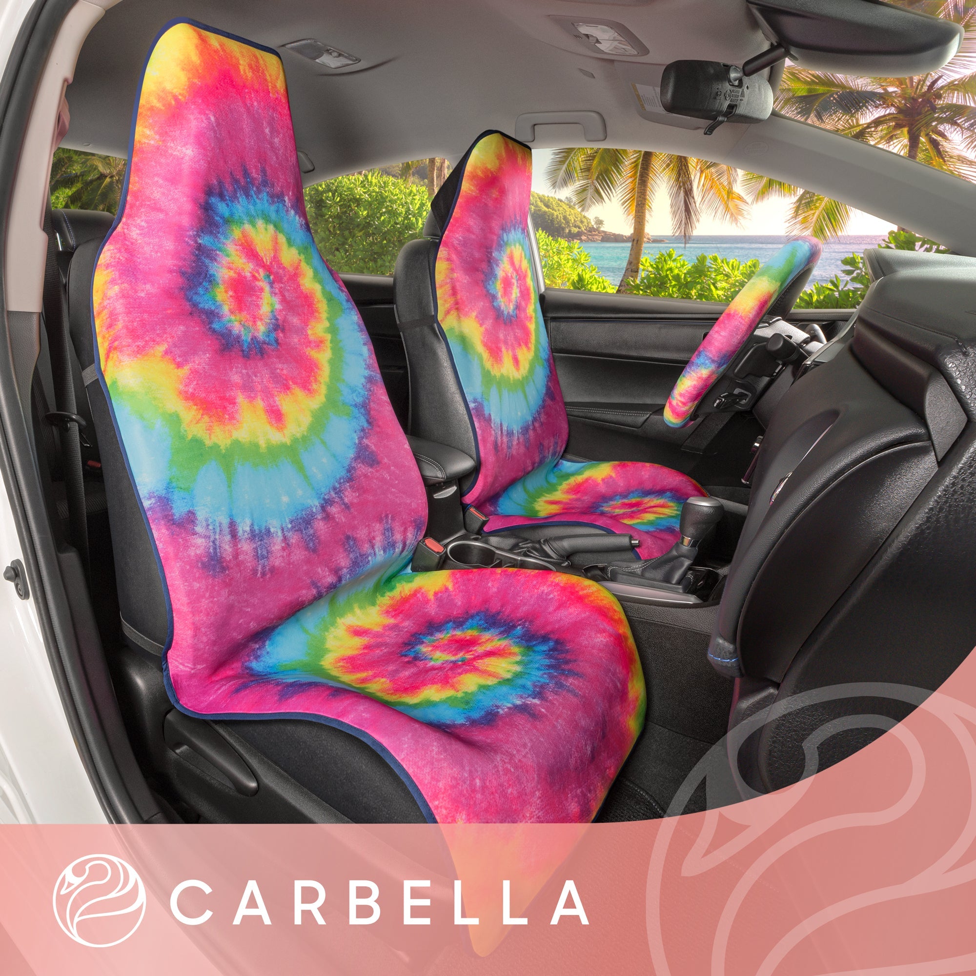 Carbella Rainbow Tie-Dye Car Seat Covers, 2 Pack Hippie Boho Front Seat Covers for Cars with Matching Steering Wheel Cover, Cute Automotive Interior Covers for Trucks Van SUV