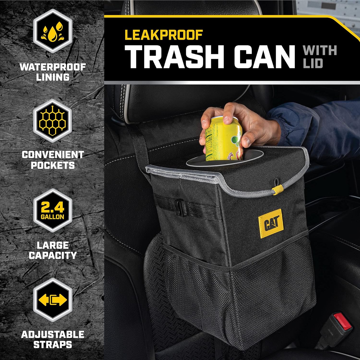 Cat® Premium Car Trash Can with Lid Storage Pockets Waterproof Garbage for Auto Multipurpose Storage Organizer Bin - 100% Leak-Proof, Black