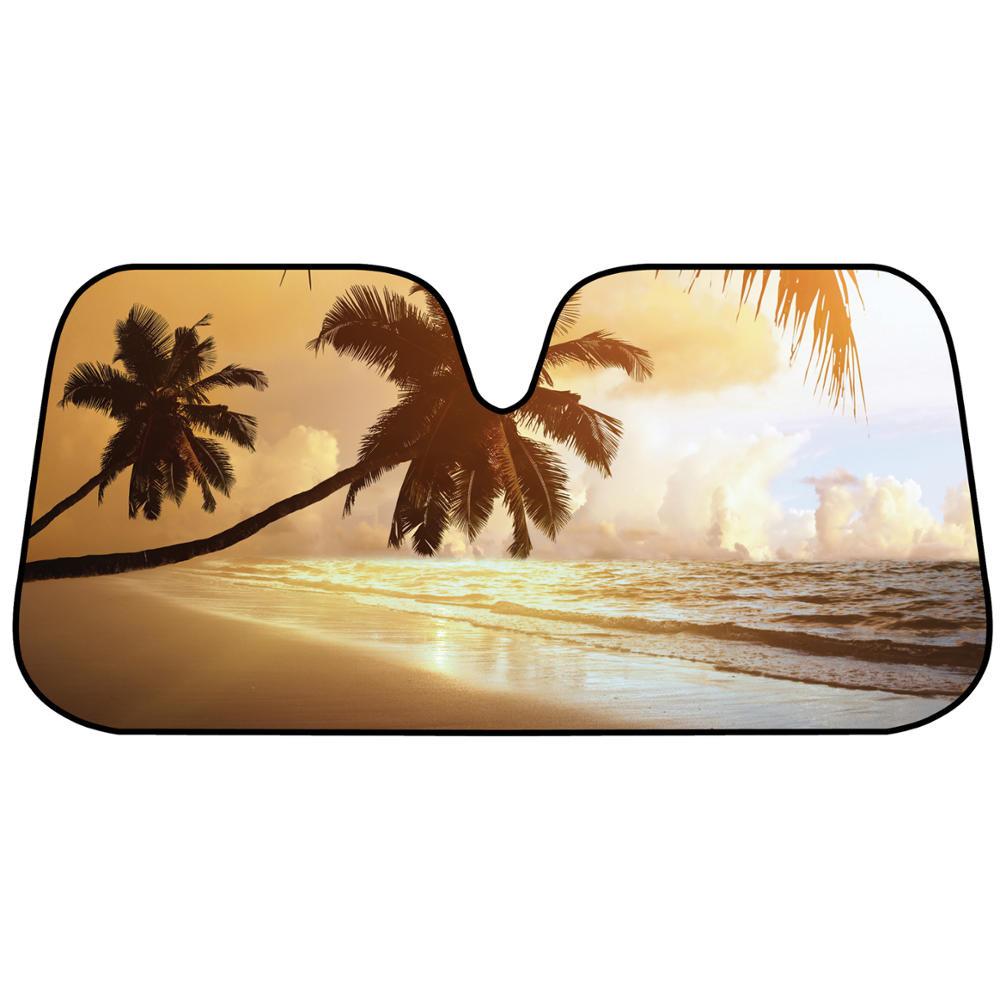 BDK Golden Palm Tree Beach Sunset Front Windshield Sun Shade - Accordion Folding Auto Sunshade for Car Truck SUV - Blocks UV Rays Sun Visor Protector - Keeps Your Vehicle Cool - 58 x 28 Inch