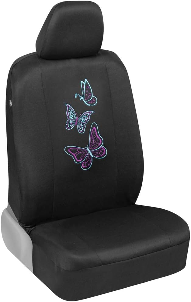 BDK Blue Butterflies Car Seat Covers for Women, Full Set with Steering Wheel Cover and Seat Belt Pads – Front and Rear Covers with Matching Embroidered Accessories, Fits Most Car Truck Van SUV