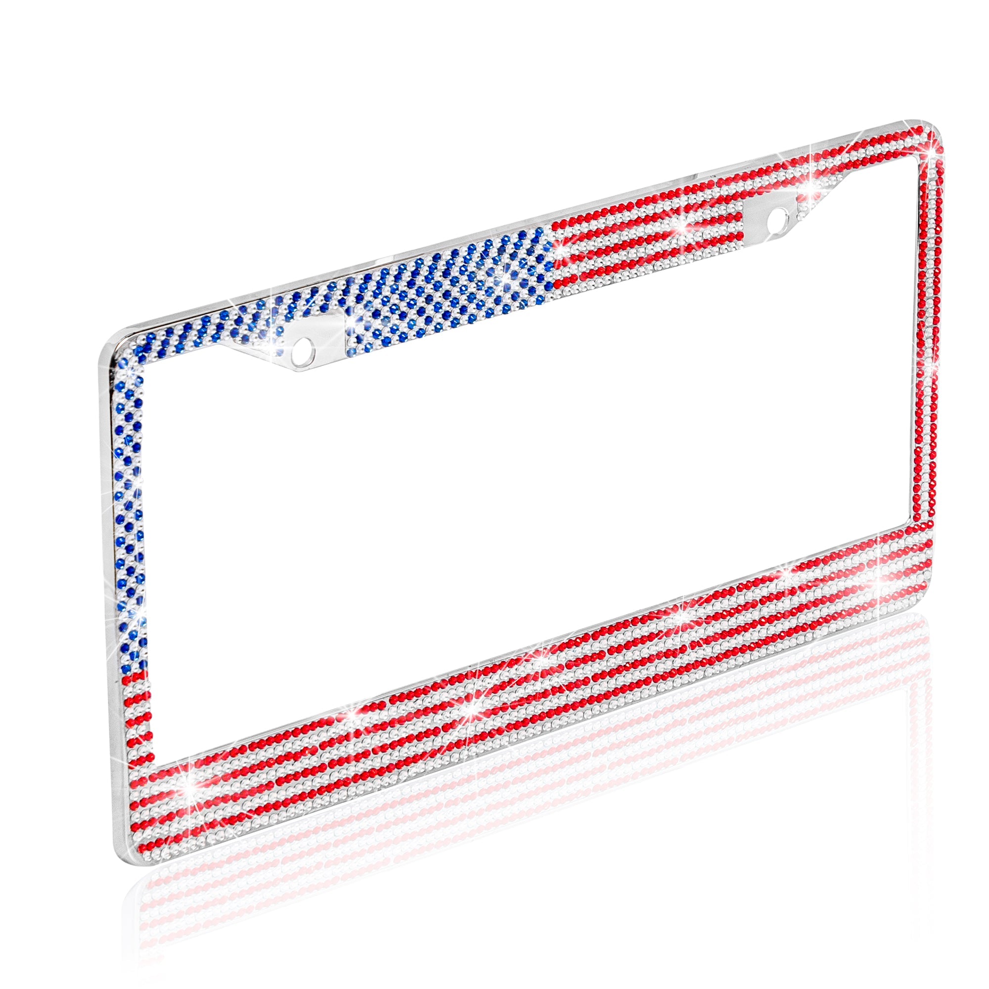 Heavy Duty Rust-Proof Stainless-Steel Metal USA United States Flag Rhinestone Sparkly Sparkling Diamond Crystal Bling License Plate Frame Universal Size for Car Truck SUV (Pack of 2) - 2-Pack