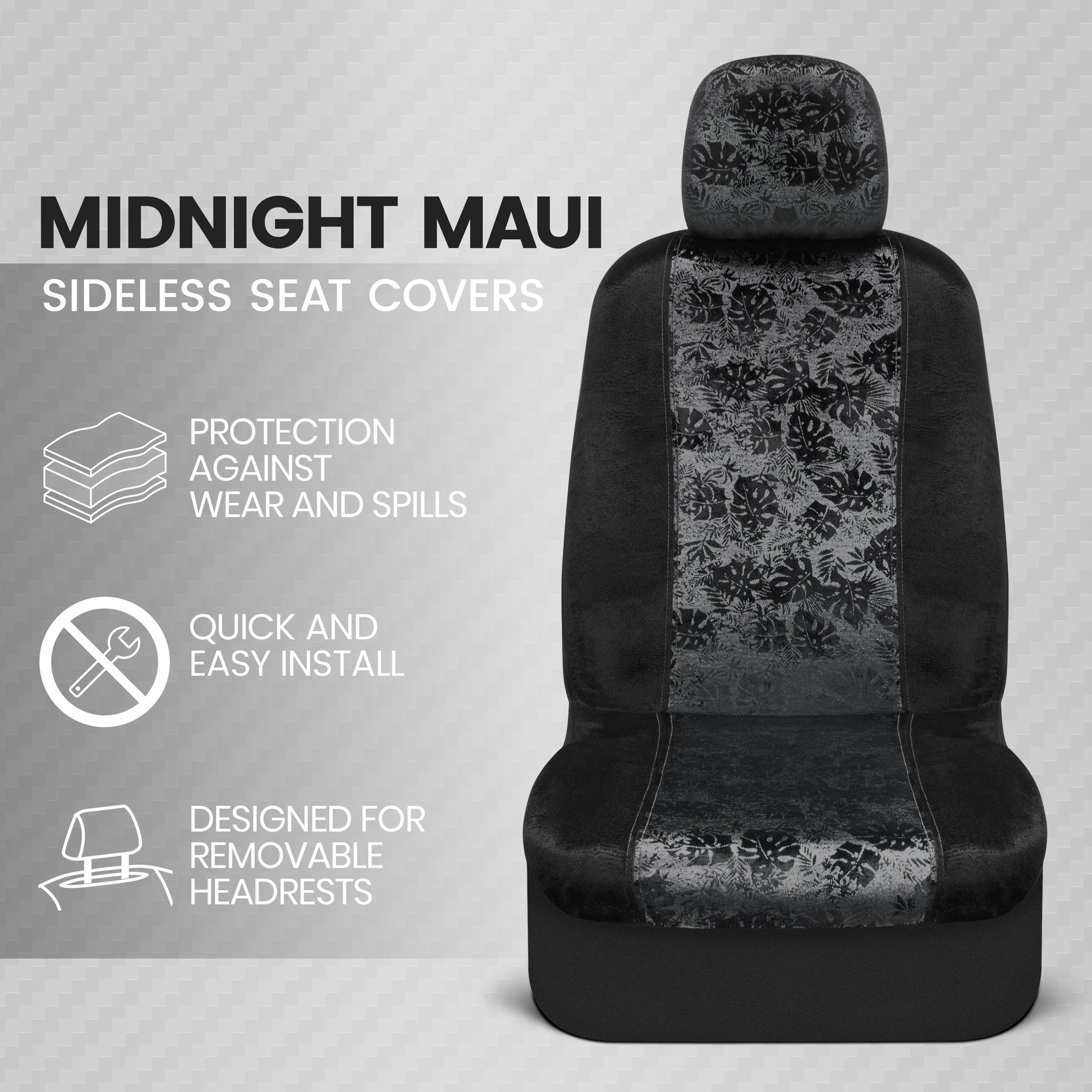 BDK Black Maui Car Seat Covers for Front Seats, 2 Pack – Tropical Pattern Front Seat Cover Set with Matching Headrest, Sideless Design for Easy Installation, Fits Most Car Truck Van and SUV