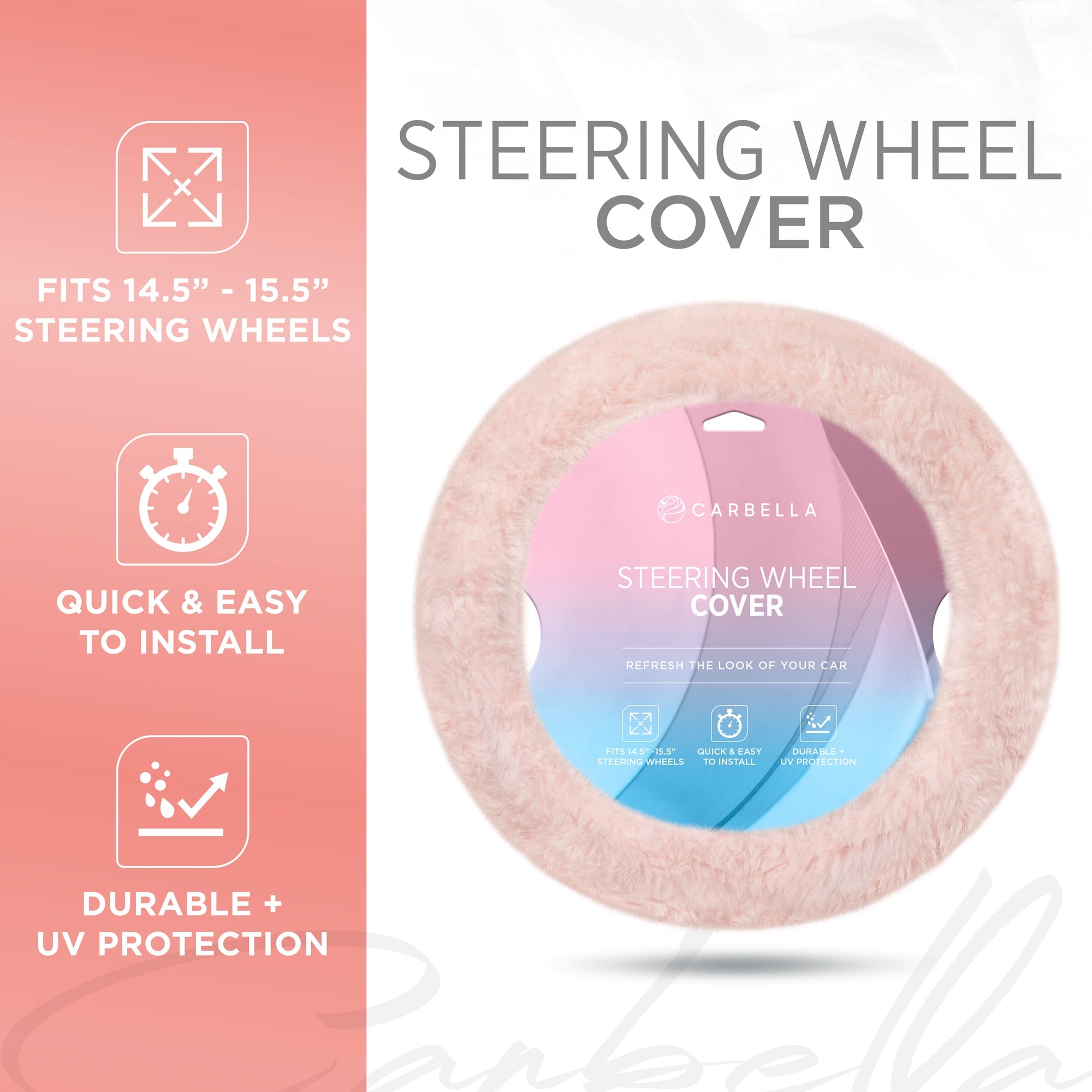 Carbella Soft Pink Fuzzy Steering Wheel Cover, Standard 15 Inch Size Fits Most Vehicles, Cute Faux Fur Car Steering Cover with Soft Fluffy Furry Touch, Car Accessories for Women - Soft Pink:#FFCCCC