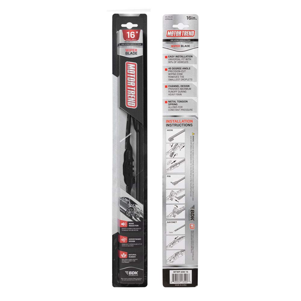 Motor Trend Precision Engineered Wiper Blade - High Performance Aerodynamic Blade Wipes Up Every Drop of Water - Silent, Durable, and Streak-Free ((16 Inches) 1 Piece) - 16"