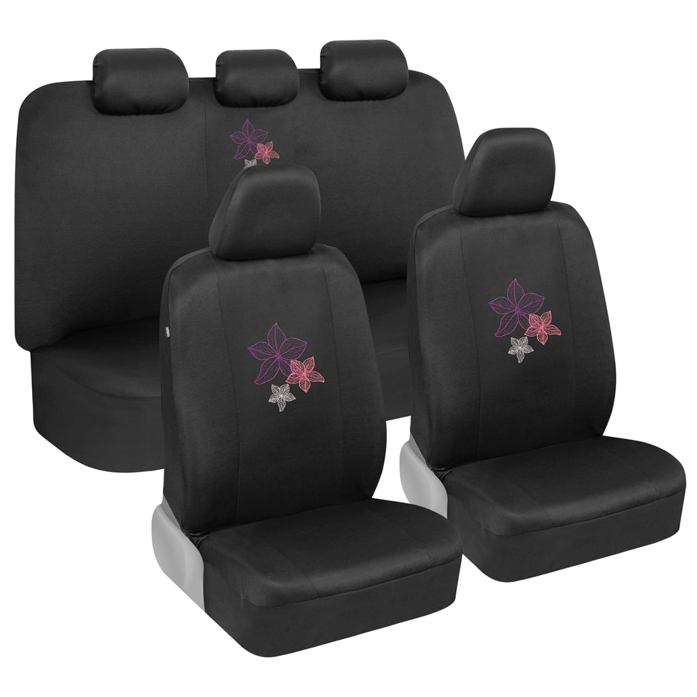 BDK 12-piece Hawaiian Flowers Front Seat Covers, Rear Seat Covers, Seat Belt Pads, and Steering Wheel Cover (Fits 14.5" - 15.5")