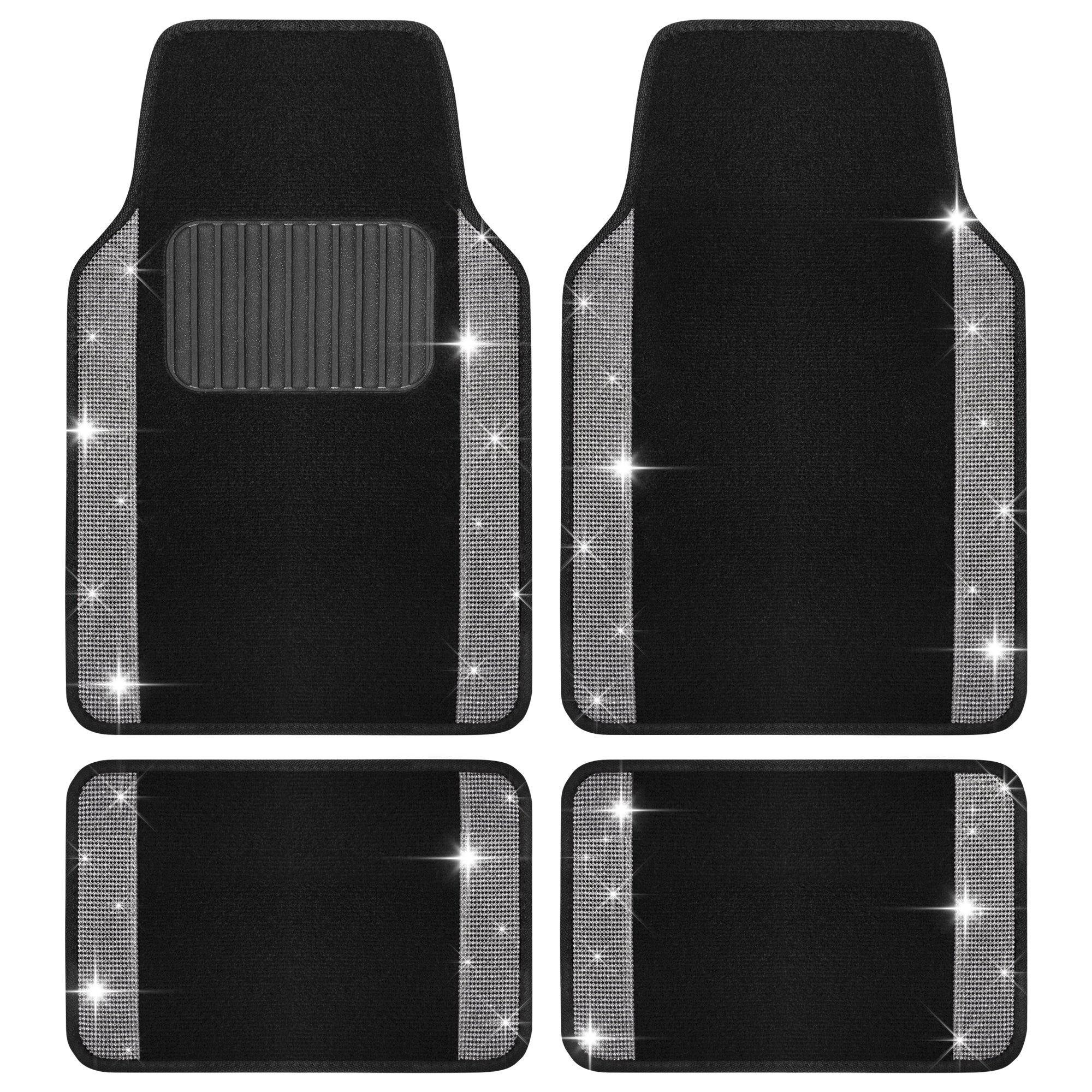 Carbella 4-Piece Diamond Bling Front Floor Mats and Rear Floor Mats - Silver