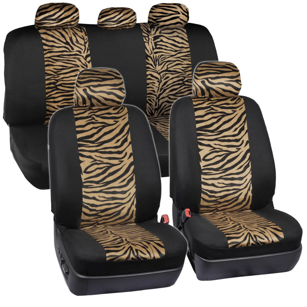 carXS Zebra Print Car Seat Covers Full Set, Includes Matching Seat Belt Pads and Steering Wheel Cover, Two-Tone Animal Print Beige Seat Covers for Cars for Women, Car Seat Protector Interior Covers