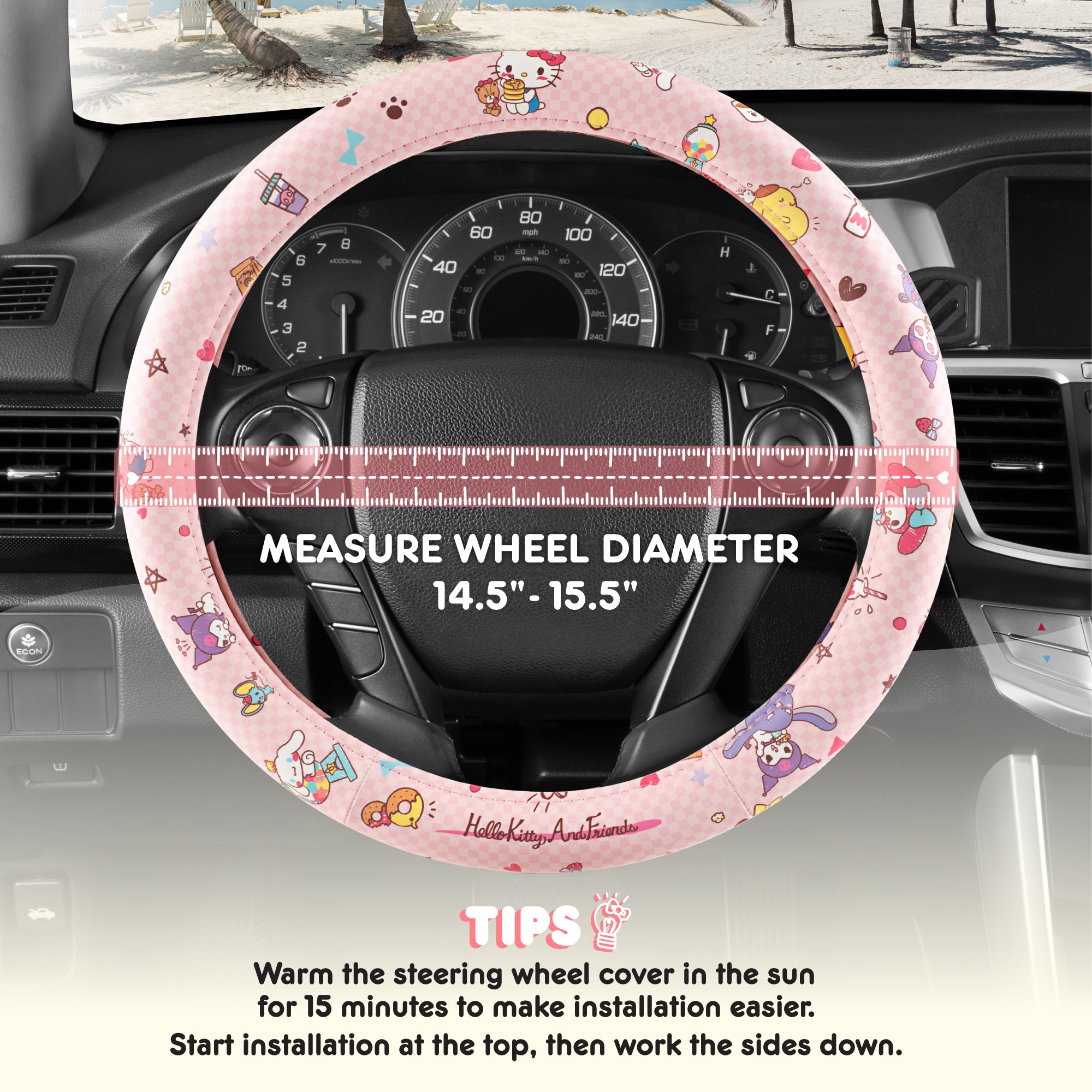 Hello Kitty and Friends Steering Wheel Cover, Universal Fit Cute Accessories for Women, Stylish Decor Gift Hello Accessories - Fits Standard Wheels 14.5"-15"