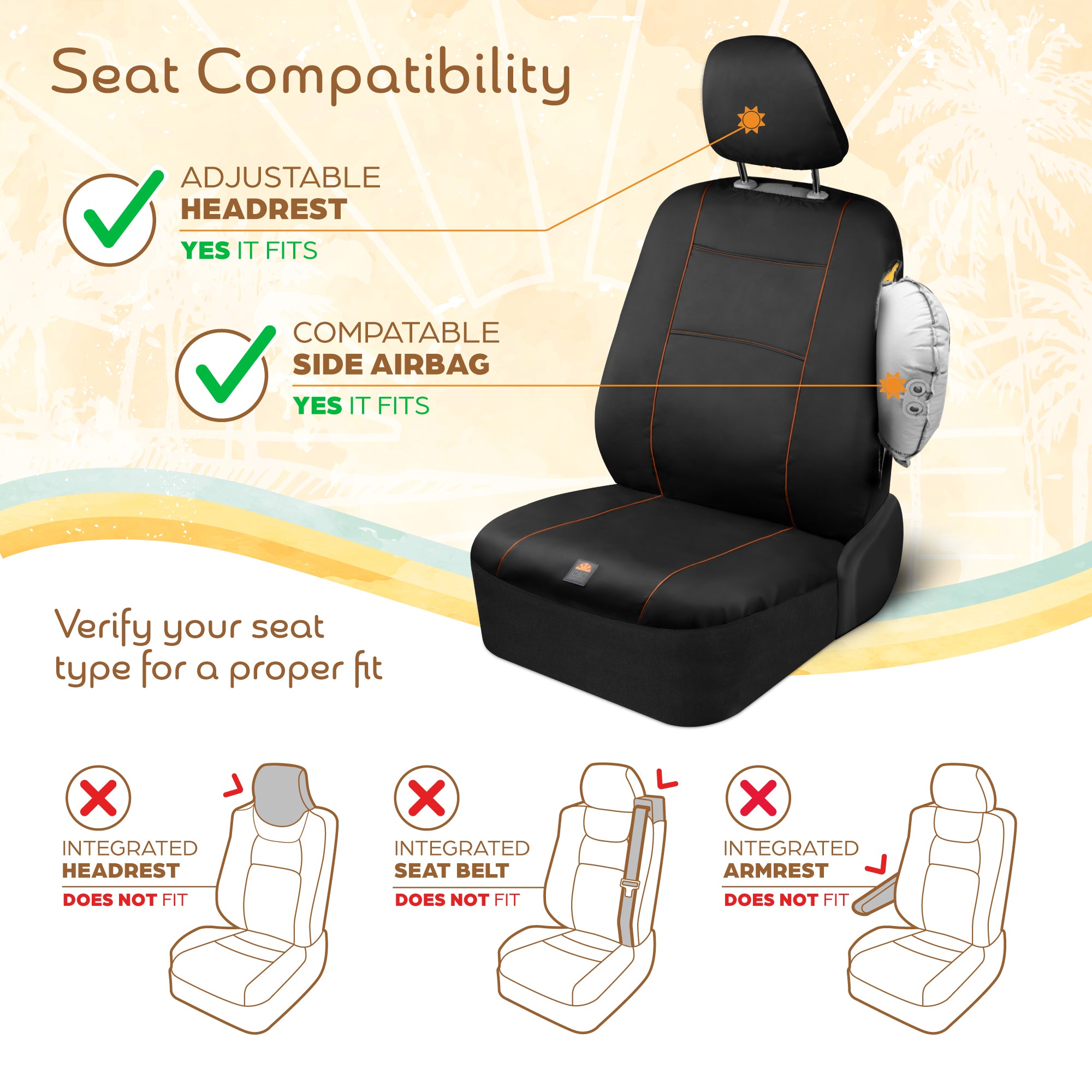 C&C Napa Leatherette 2 Front Seat Covers – Faux Leather Car Seat Protectors for Cars & Trucks – UV-Resistant, Easy to Clean, Universal Fit – Stylish Coastal Design for Summer Car Interior Upgrade