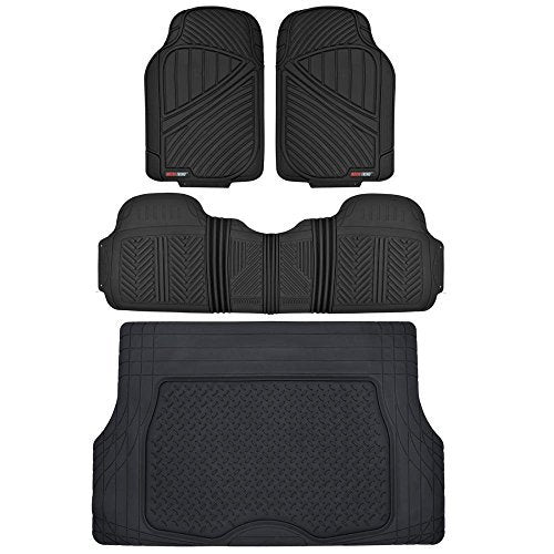 MotorTrend 4-Piece FlexTough Performance Deep Channel Front Floor Mats, Rear Floor Mat, and Trunk/Cargo Mat - Heavy Duty, All Weather, Trim to Fit - Black