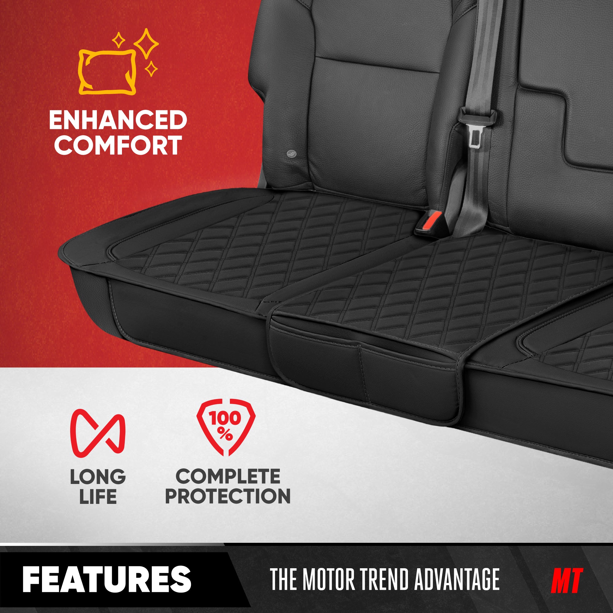 MotorTrend 3-Piece Diamond Stitched Padded Rear Seat Covers with Storage Pockets - Black