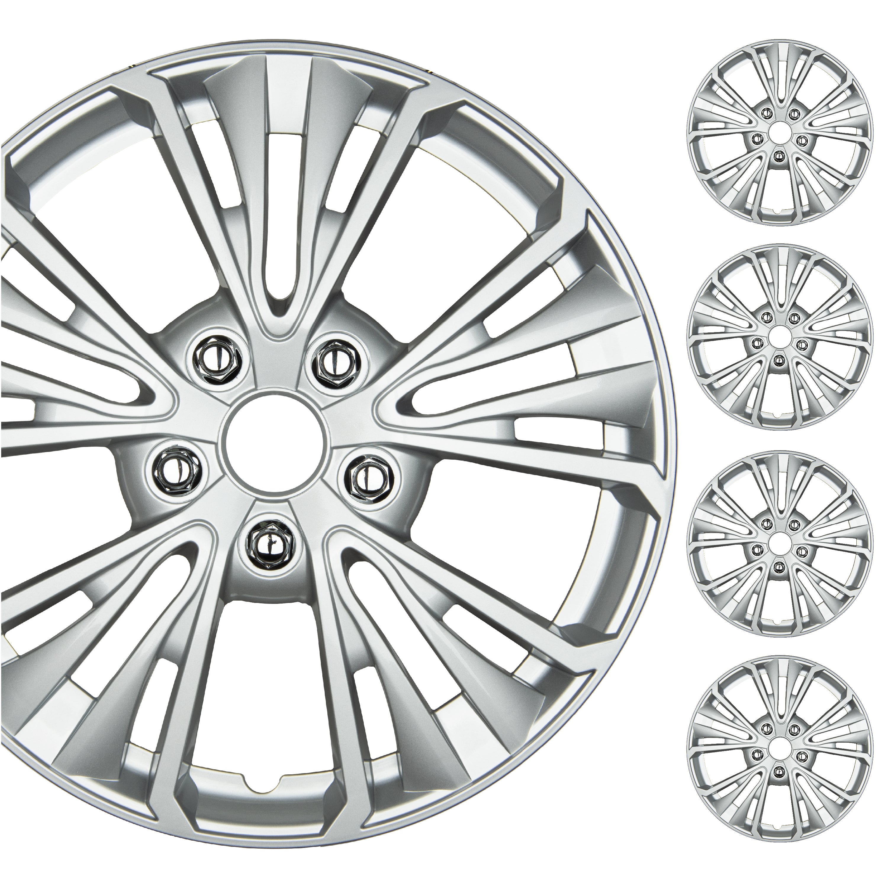 BDK 16 Inch Hubcaps Set of 4 – OEM Replacement Snap-On Wheel Rim Covers - Universal Fit Car Wheel Cover for Cars, Trucks, SUV, Vans Durable ABS 5-Spoke Silver Hub-Cap Car Accessories Exterior