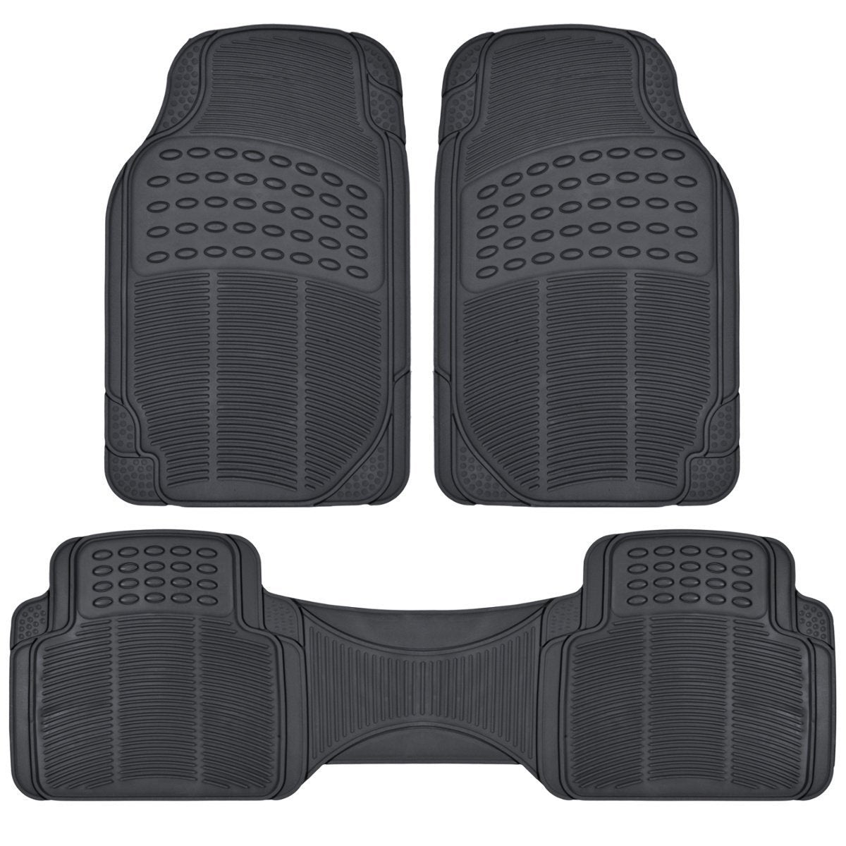 BDK Original ProLiner 3 Piece Heavy Duty Front & Rear Rubber Floor Mats for Car SUV Van & Truck, Beige – All Weather Floor Protection with Universal Fit Design - Black:#000000