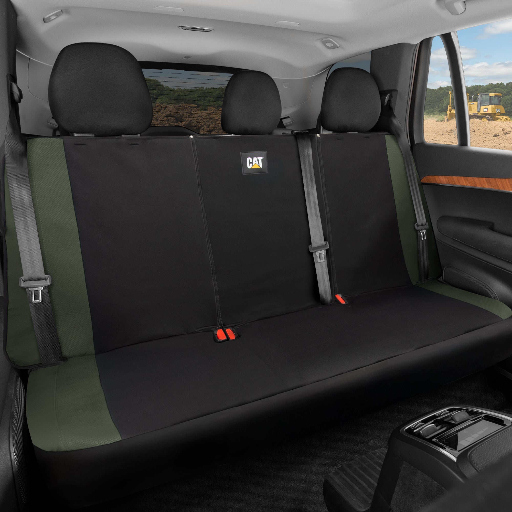Cat Flexfit Green Rear Seat Cover for Car – Durable Canvas & Mesh Design 60/40 Split Bench Protector for Cars, Trucks & SUVs – Back Seat Cover for Rear Bench – Interior Car Accessory