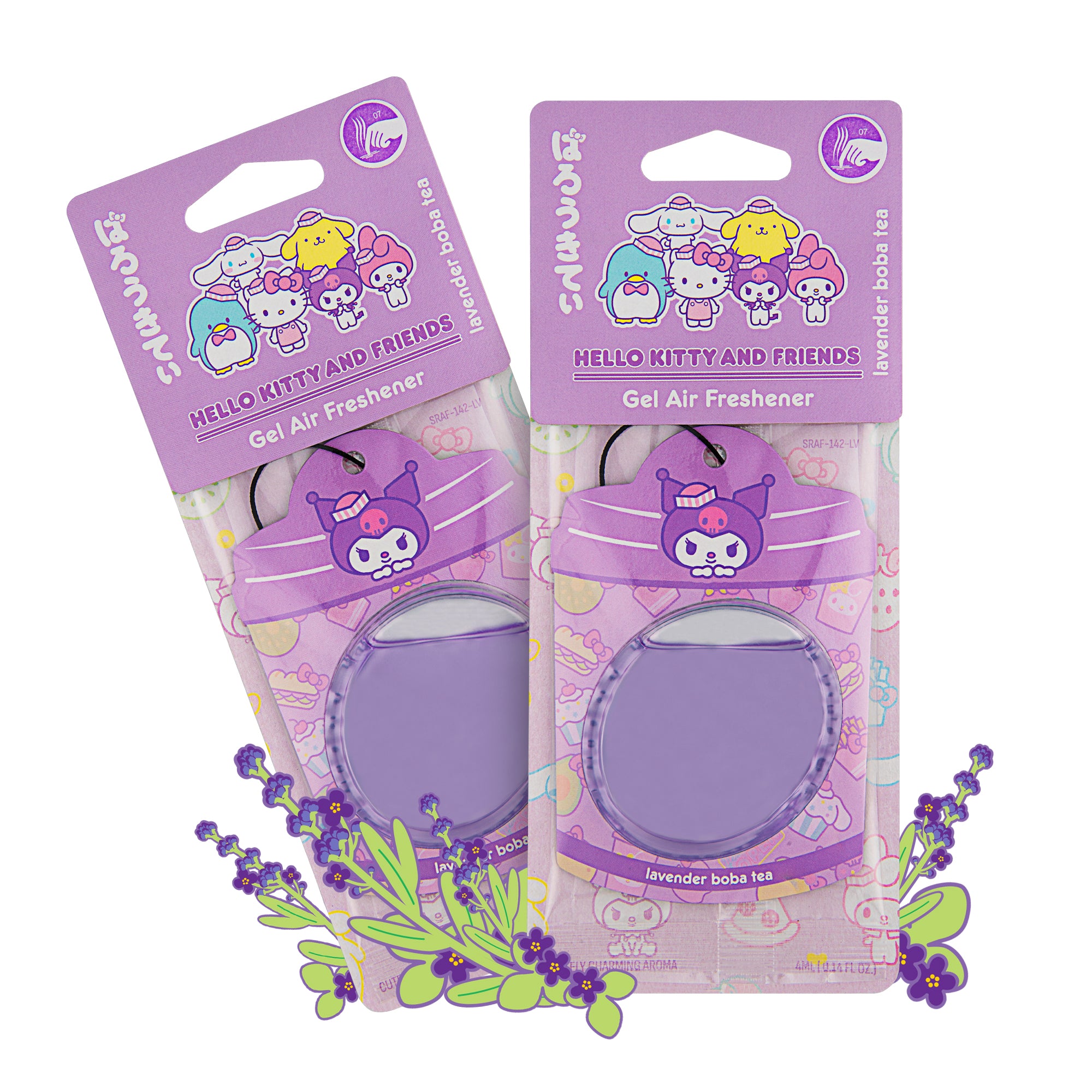 Hello Kitty and Friends Car Air Freshener (Kuromi - Lavender Boba Tea) Hanging Gel Area Deodorizer, Long-Lasting Car Scents Air Freshener, Cute Automotive Sanrio Accessories Decor, 2-Pack