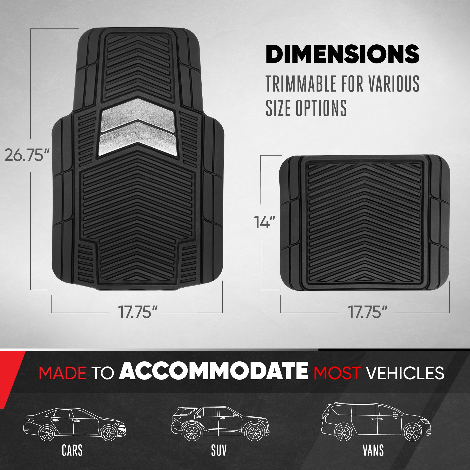Motor Trend FlexTough Shield Black & Silver All-Weather Floor Mats for Cars, Trucks & SUVs – Heavy Duty Waterproof Rubber Car Mats, Universal Trim to Fit Automotive Accessories for Car Interior Protection, Front & Rear Floor Liners