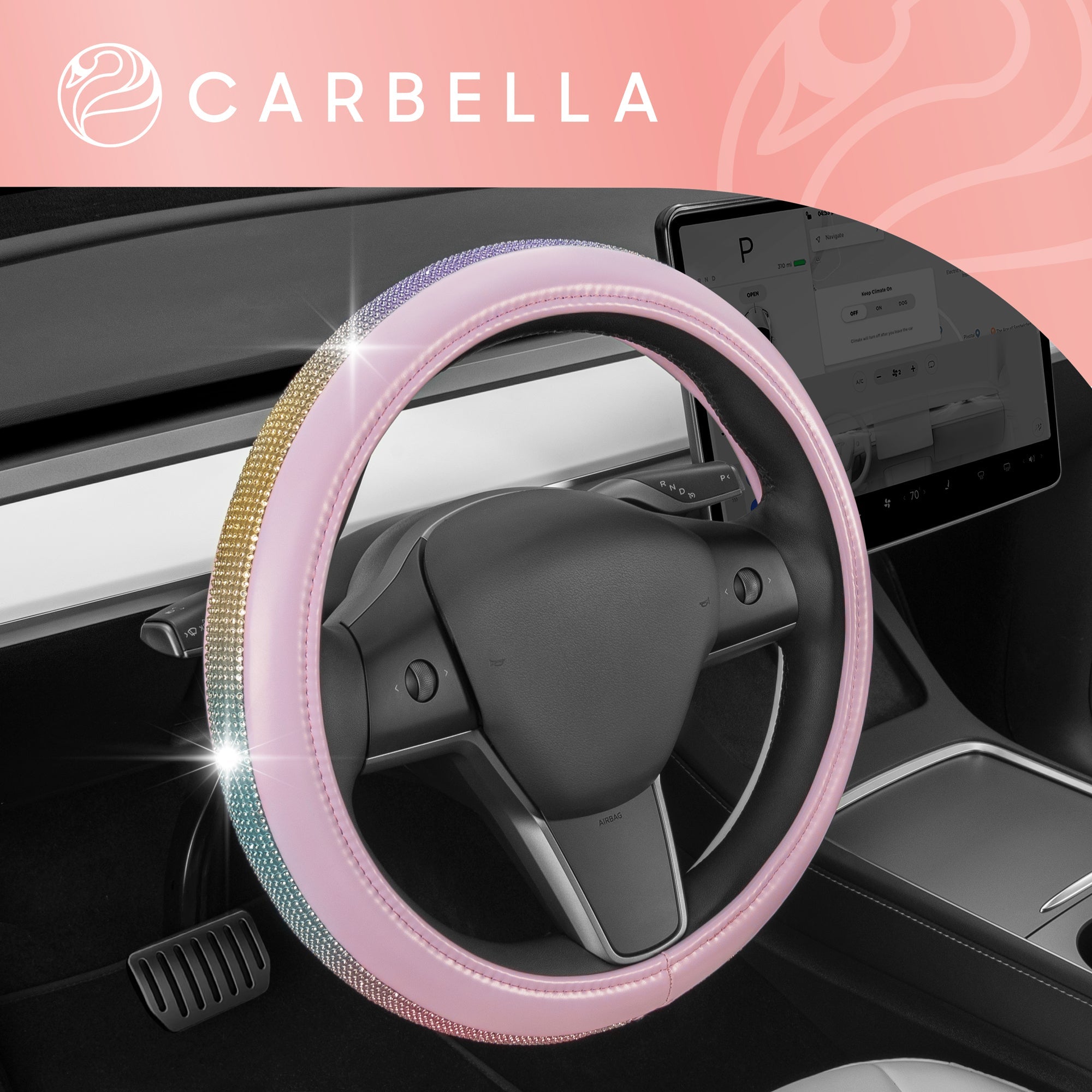 Carbella Pink Diamond Bling Steering Wheel Cover,Standard 15 Inch Size Fits Most Vehicles, Cute Faux Leather Car Steering Cover with Rhinestone Crystal, Car Accessories for Women - Pink:#EDCEED