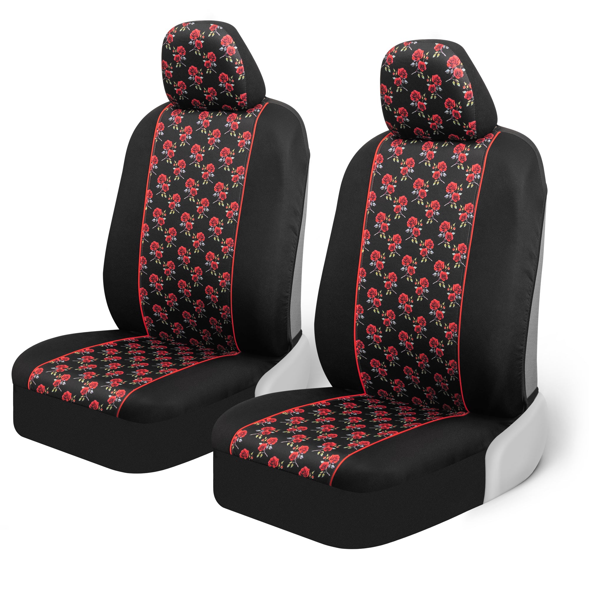 BDK Red Rose Car Seat Covers for Front Seats, 2 Pack – Flower Pattern Front Seat Cover Set with Matching Headrest, Sideless Design for Easy Installation, Fits Most Car Truck Van and SUV