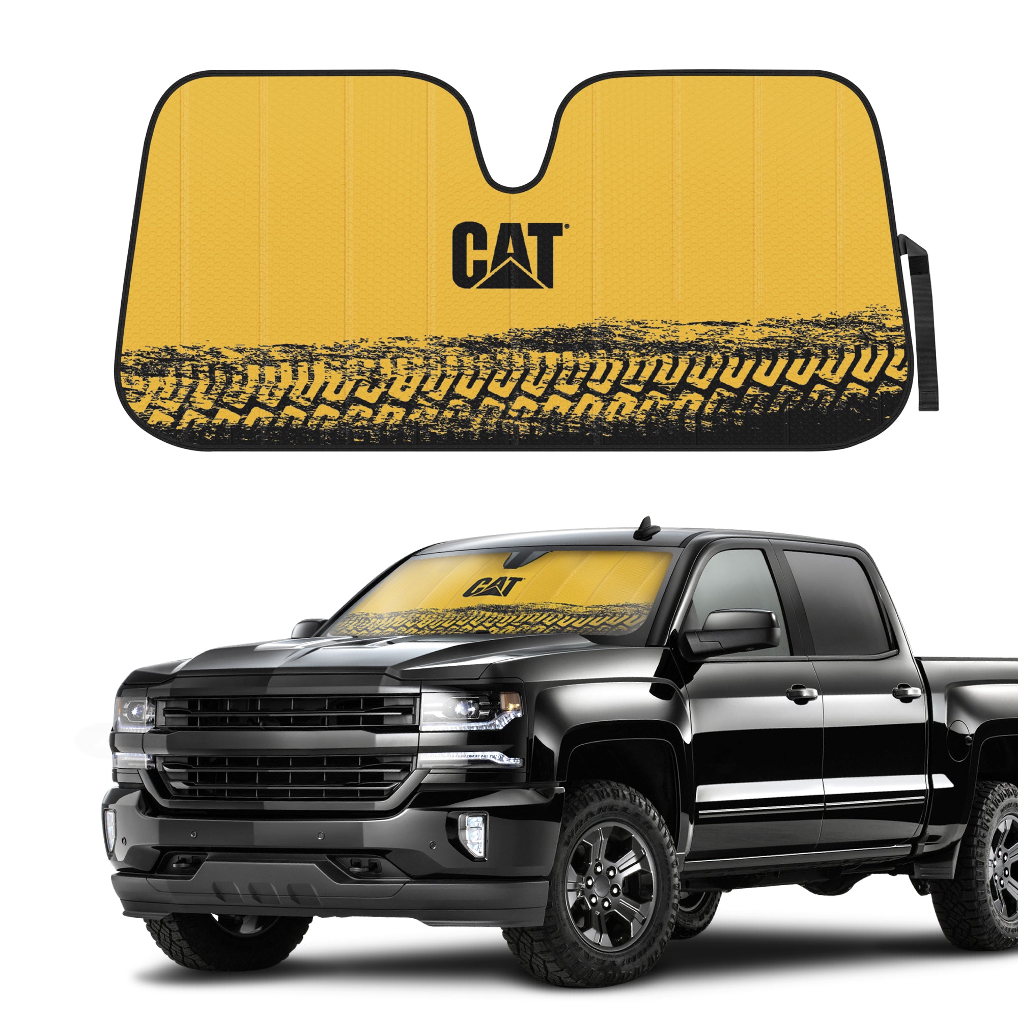 CAT Auto Shade for Cars & Trucks – Jumbo 65"x27" Accordion Folding Sunshade with Bold Yellow Tire Tracks Design – Heavy-Duty Windshield Cover for Maximum UV Protection & Interior Cooling