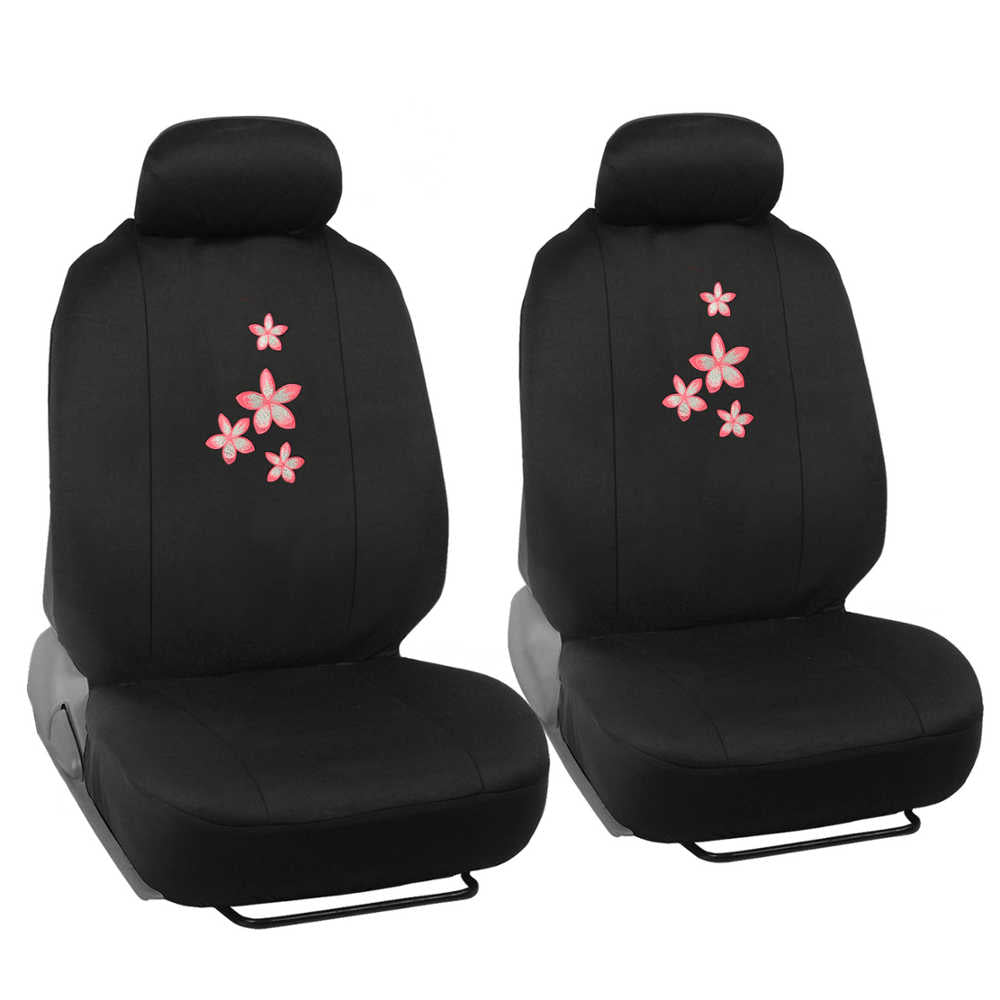 BDK Pink Flowers Car Seat Covers Full Set with Steering Wheel Cover and Seat Belt Pads – Front and Rear Covers with Matching Embroidered Accessories, Fits Most Cars Trucks Vans SUVs (SCPRINTS)