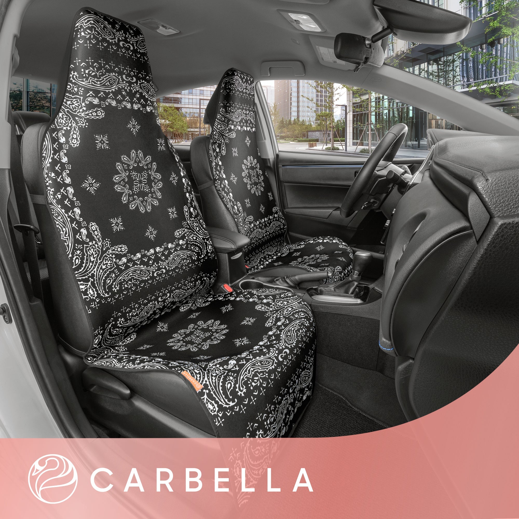 Carbella Black Paisley Bandana Car Seat Covers, 2 Pack Western Print Front Seat Covers for Cars Trucks SUV, Car Accessories for Women