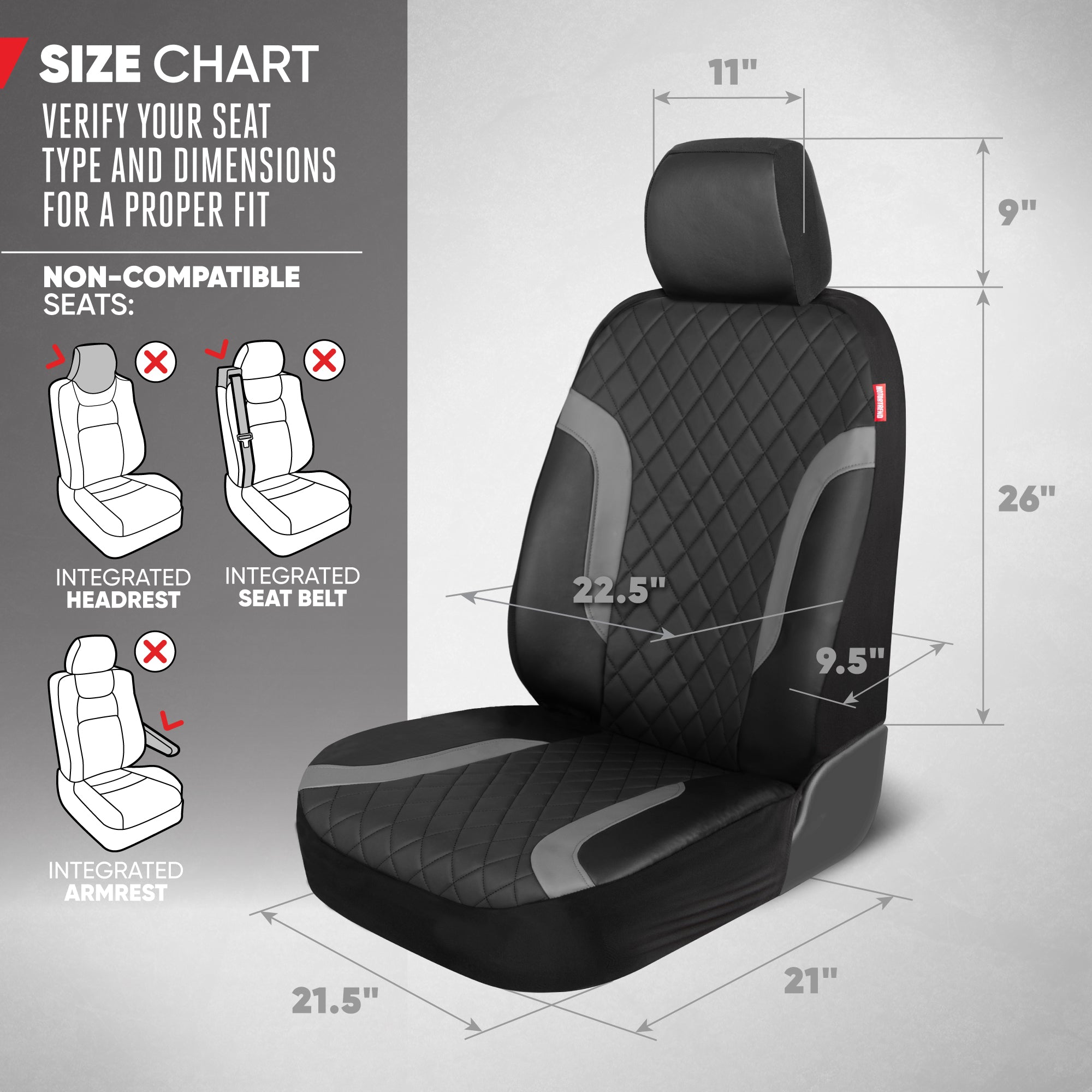 Motor Trend Leather Seat Covers For Trucks, Cars, & SUV - Front Black & Gray Car Seat Cover Set - Universal Fit For Most Automotive Seats - Forros Para Asientos De Carro - CarSeat Covers Accessories