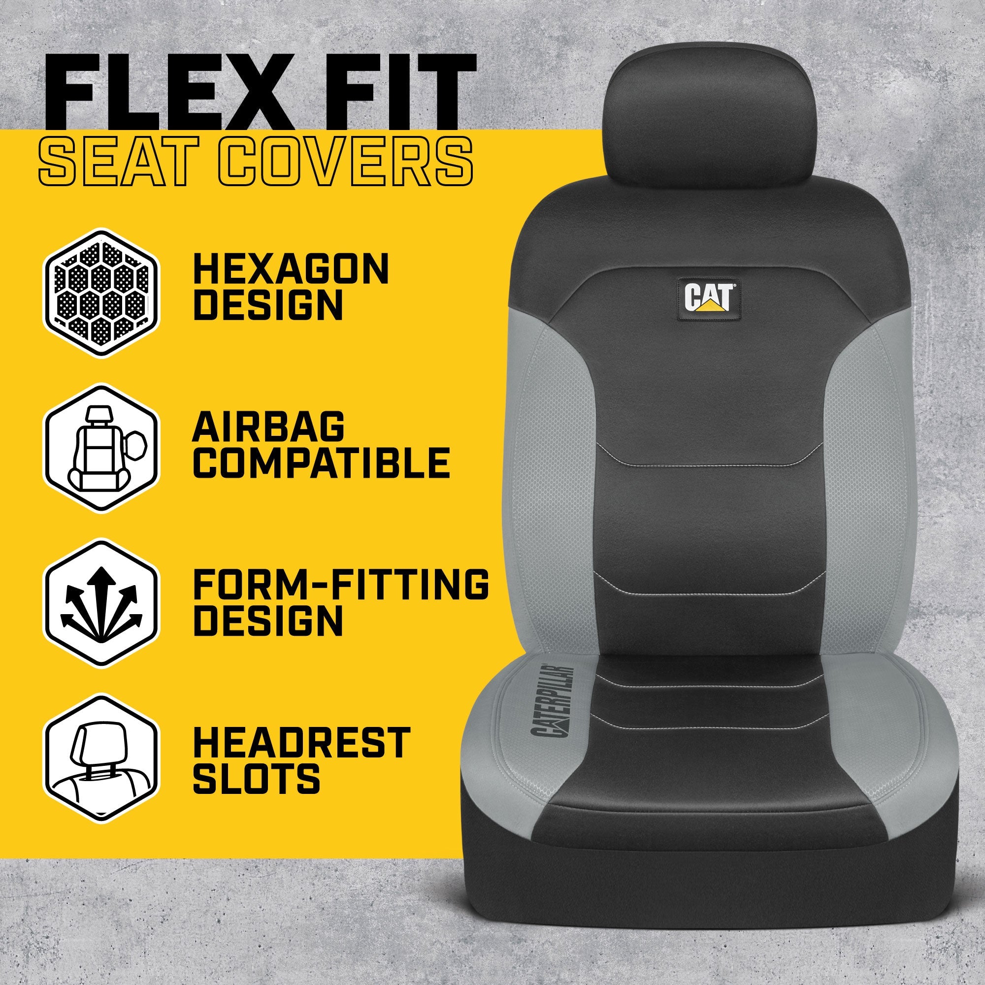 CAT 2-Pack FlexFit Front Seat Covers with Hexagonal Design - Gray