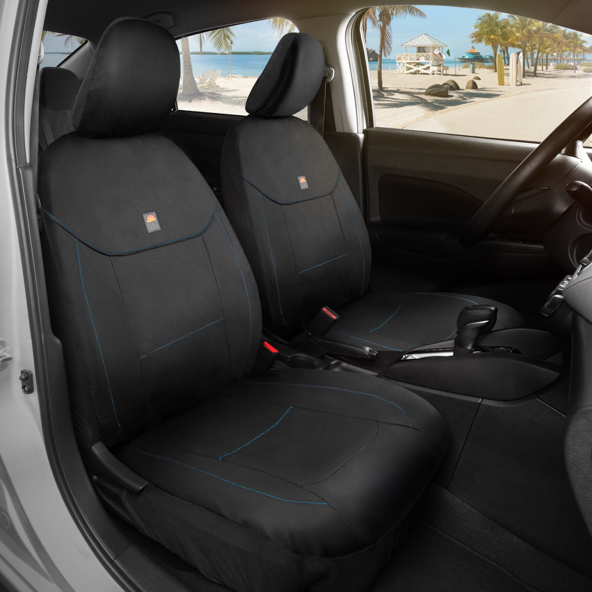 C&C Napa Leatherette 2 Front Seat Covers – Faux Leather Car Seat Protectors for Cars & Trucks – UV-Resistant, Easy to Clean, Semi-Universal Fit – Stylish Coastal Design for Summer Car Interior Upgrade