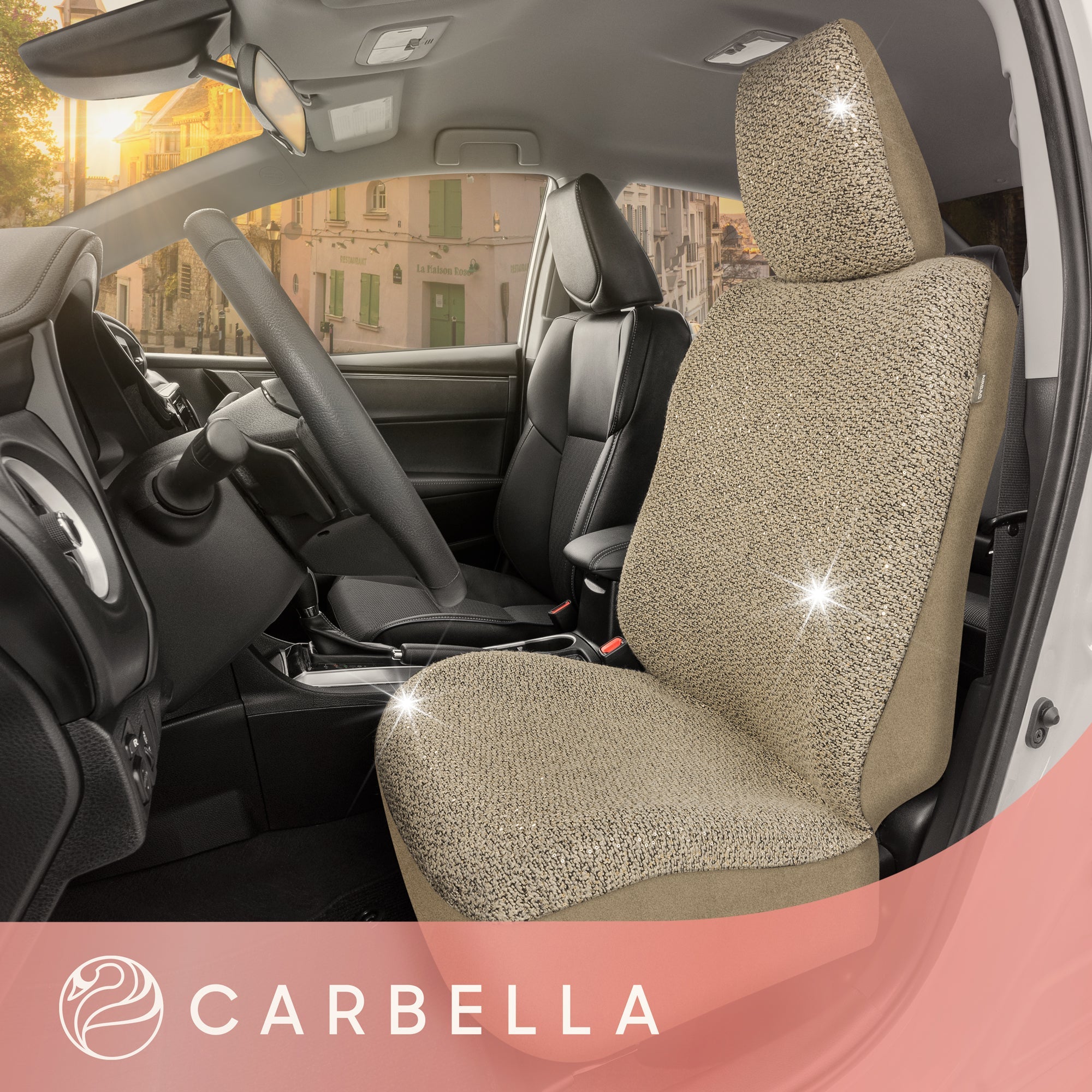 Carbella Sequin Tweed Bling Car Seat Cover, 1 Piece Beige Seat Cover for Cars with Shiny Bling Detail, Cute Automotive Interior Protector for Trucks Van SUV, Car Accessories for Women - Beige:#c2a369