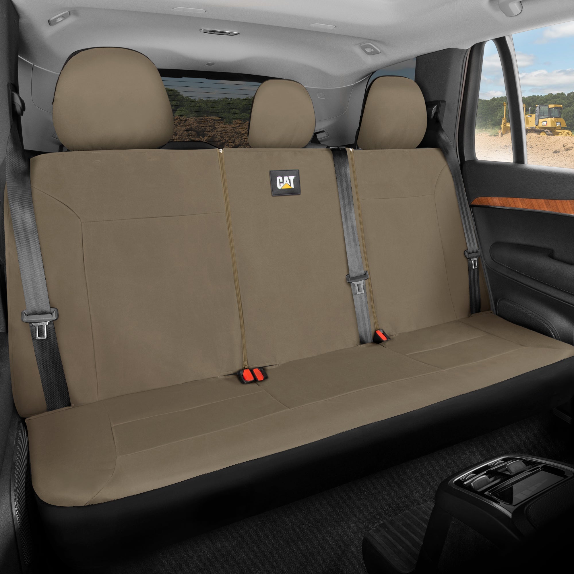 CAT Beige Rear Seat Cover for Trucks, Cars & SUVs – Heavy-Duty Oxford Canvas – 60/40 Split Bench Protector – Durable Back Seat Cover for Work Trucks, Pets, Travel – Car & Truck Interior Accessory