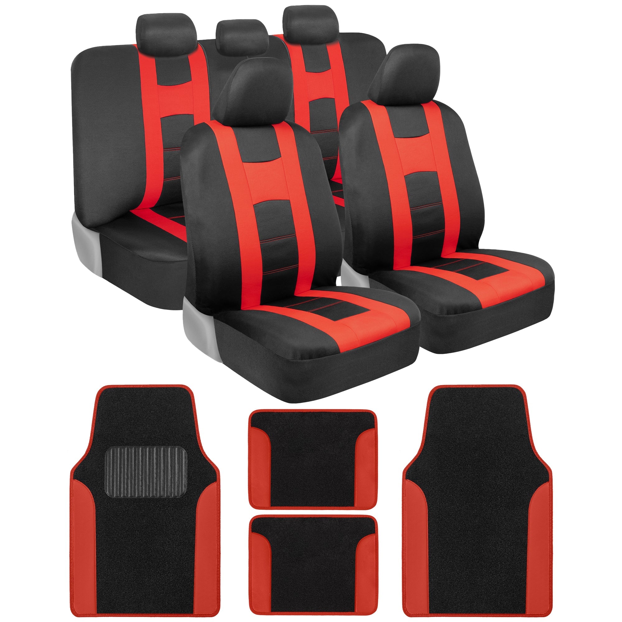 carXS Forza Series Red Seat Covers Full Set Combo with Car Floor Mats – Front and Rear Bench Seat Cover & Floor Mat Protector Set, Interior Covers for Auto Truck Van SUV - Red