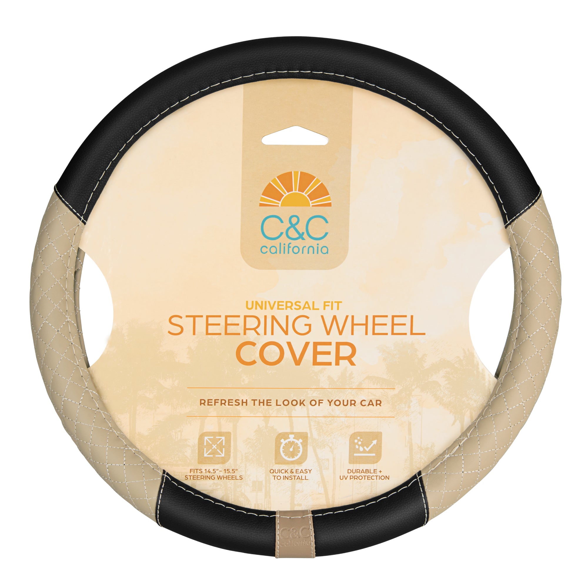 C&C California Car Steering Wheel Cover Beige Diamond Quilt, Non Slip Leather Steering Wheel Cover for Women Men, Cute Comfortable Soft Easy Installation Universal Fit (Fits 14.5"-15.5" Inches)