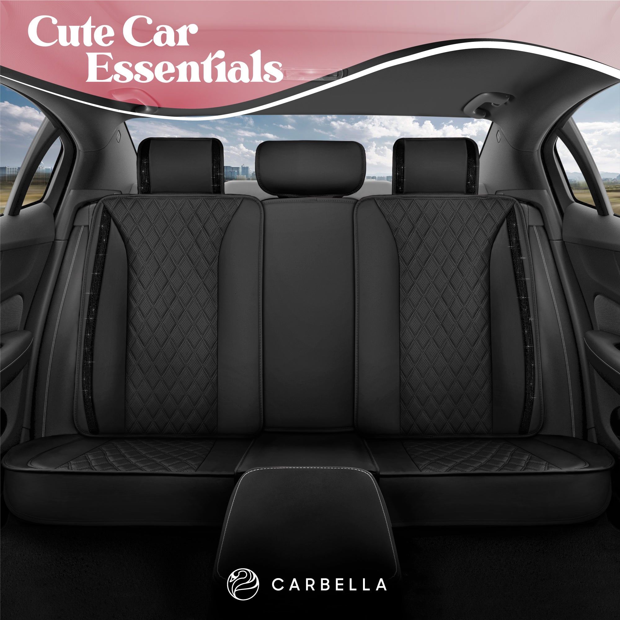 Carbella 7-Piece BlingStitch Rear Seat Covers - Black Crystals