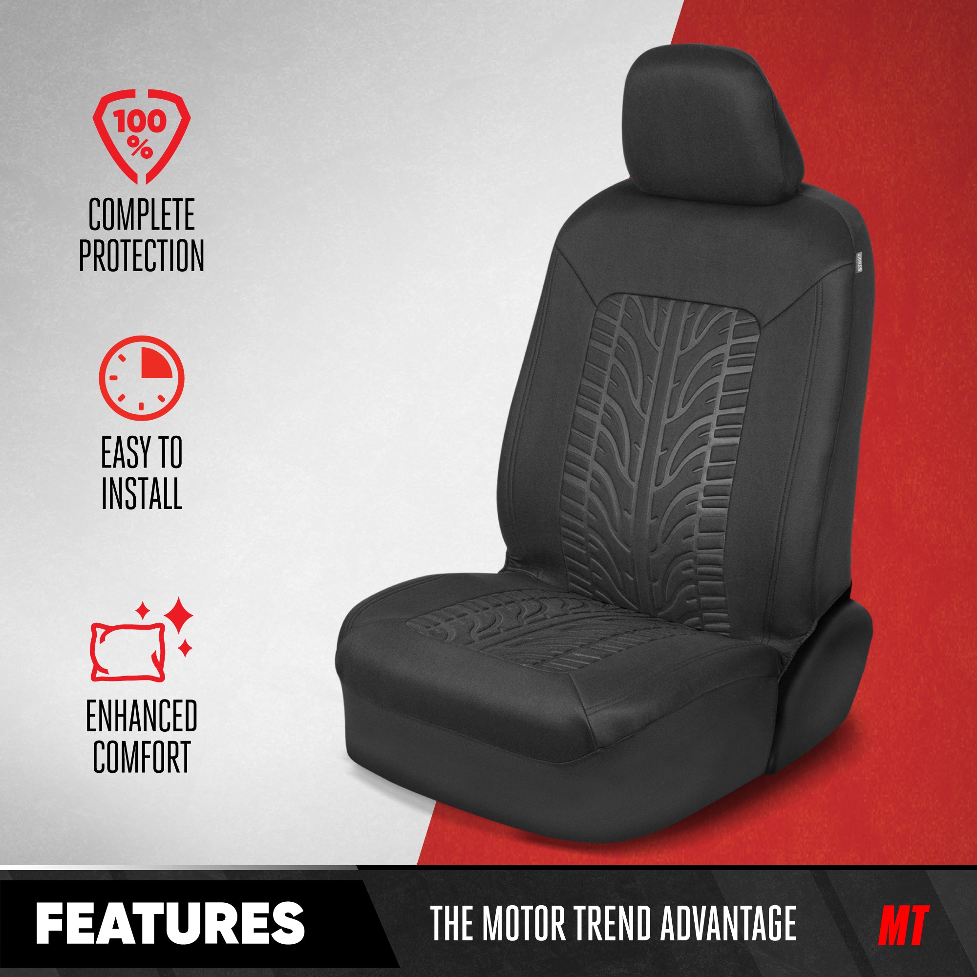 MotorTrend GrandPrix Tire Embossed Front Seat Covers and Rear Seat Covers - Black