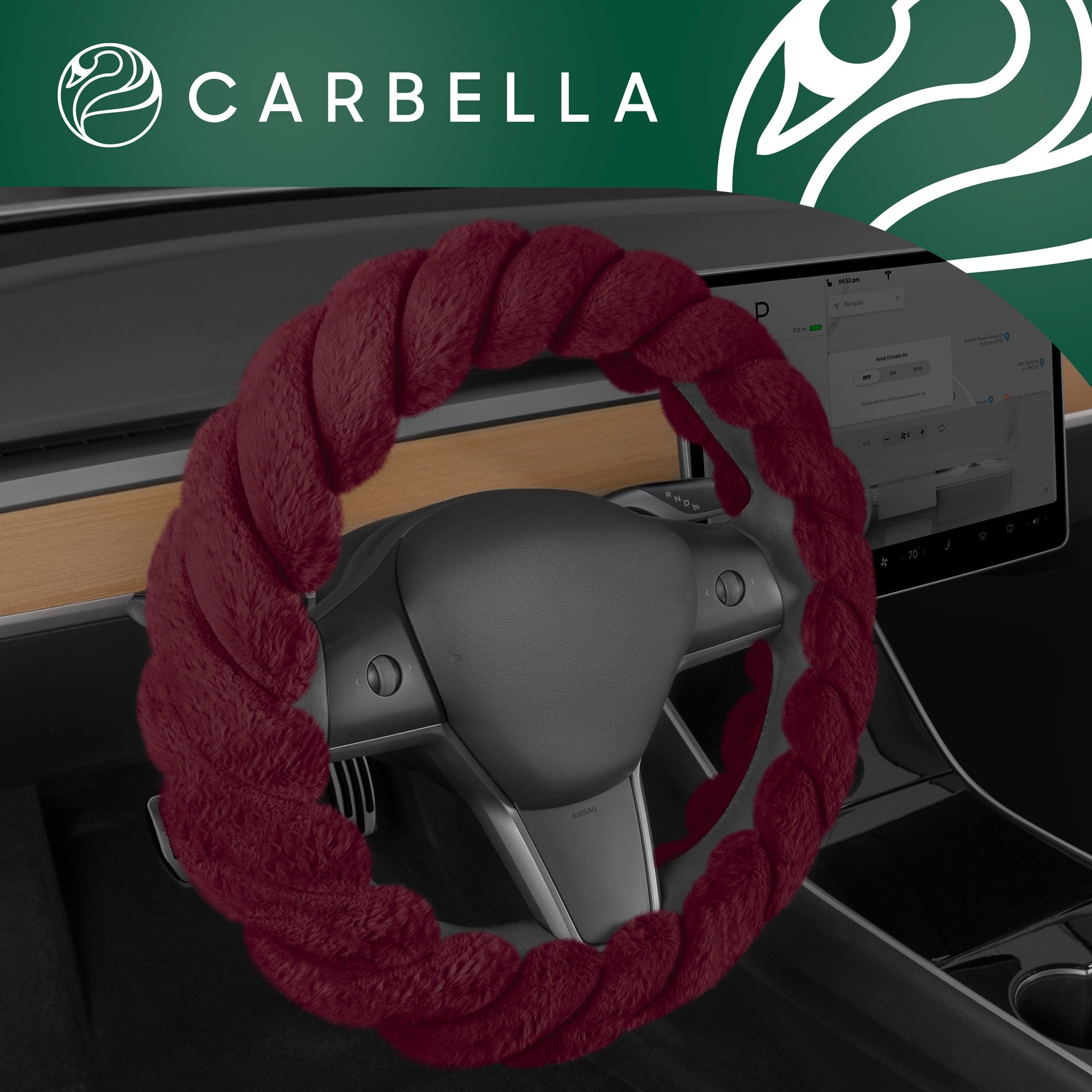Carbella Twisted Fur Red Steering Wheel Cover, Standard 15 Inch Size Fits Most Vehicles, Fuzzy Fluffy Car Steering Cover with Soft Faux Fur Touch, Car Accessories for Women - Red