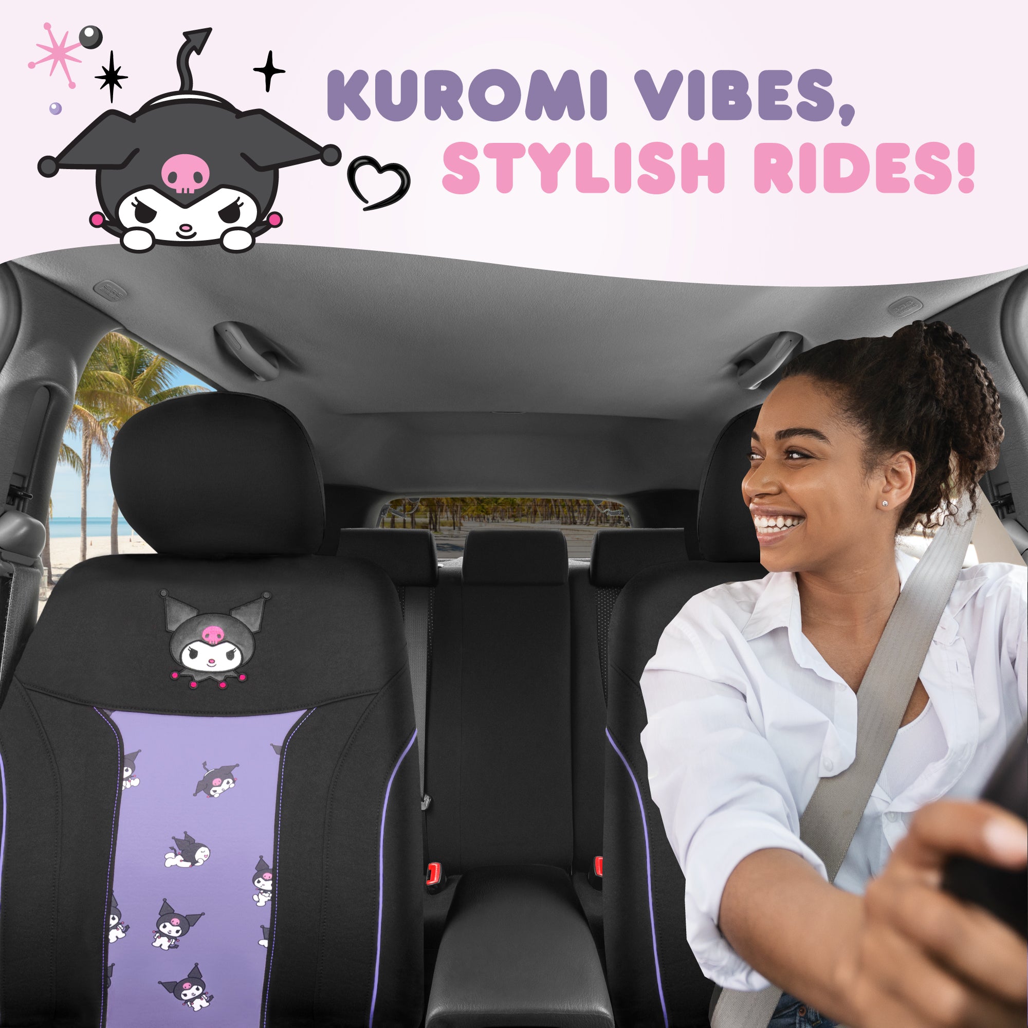 Hello Kitty Kuromi Car Seat Covers - Cute Black and Purple Front Seat Covers with Lavender Accents, Durable and Comfortable Polyester, Car Accessories Hello Kitty Accessories 2pc